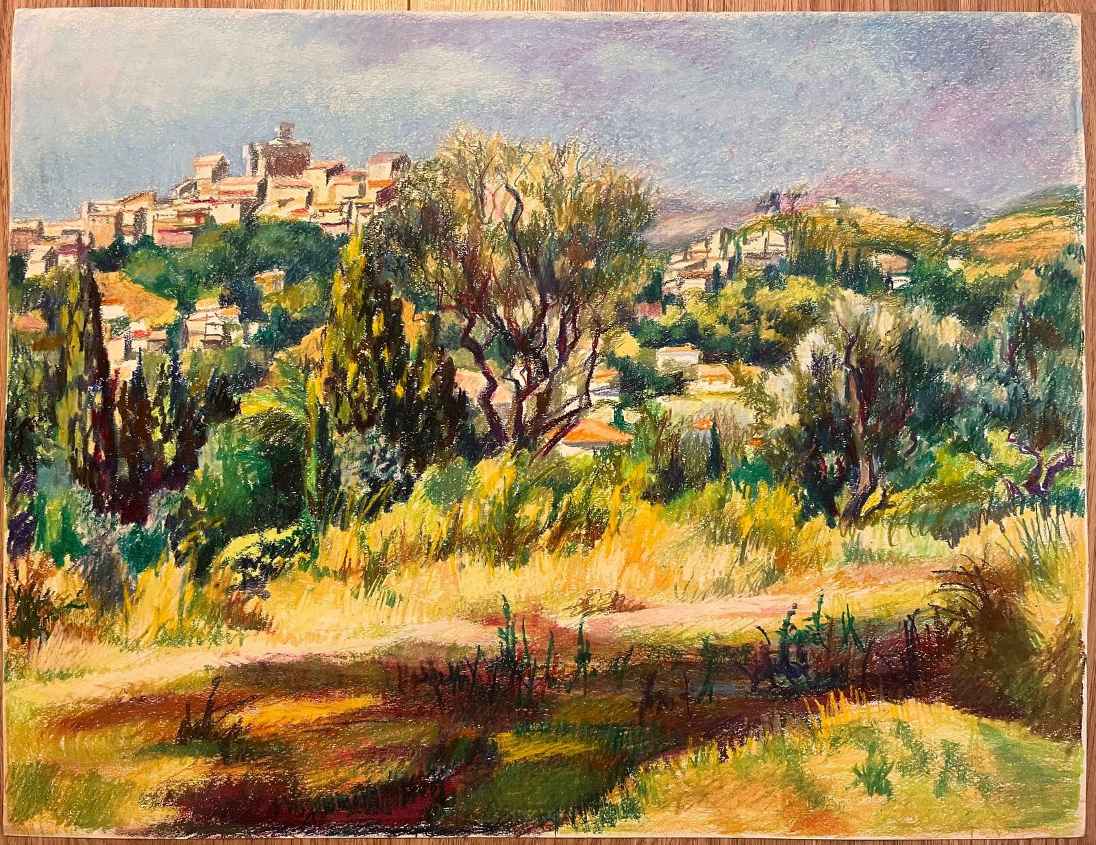 Josine Vignonmid Century French Original Pastel Drawing Of Hilltop View Overlooking Village1950's photo furniture