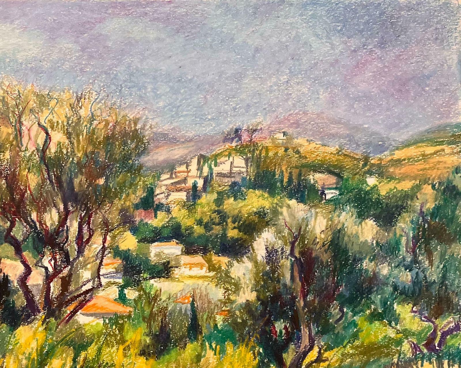 Josine Vignonmid Century French Original Pastel Drawing Of Hilltop View Overlooking Village1950's photo Art