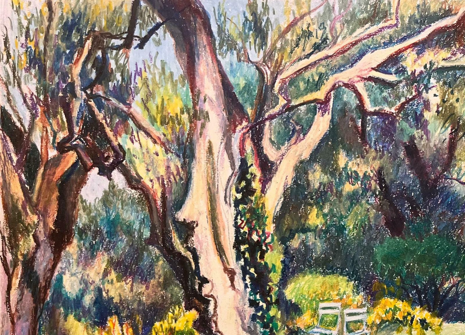 Josine Vignonmid Century French Original Pastel Drawing Of Woman Reading In A Sunlit Garden1950's photo for sale