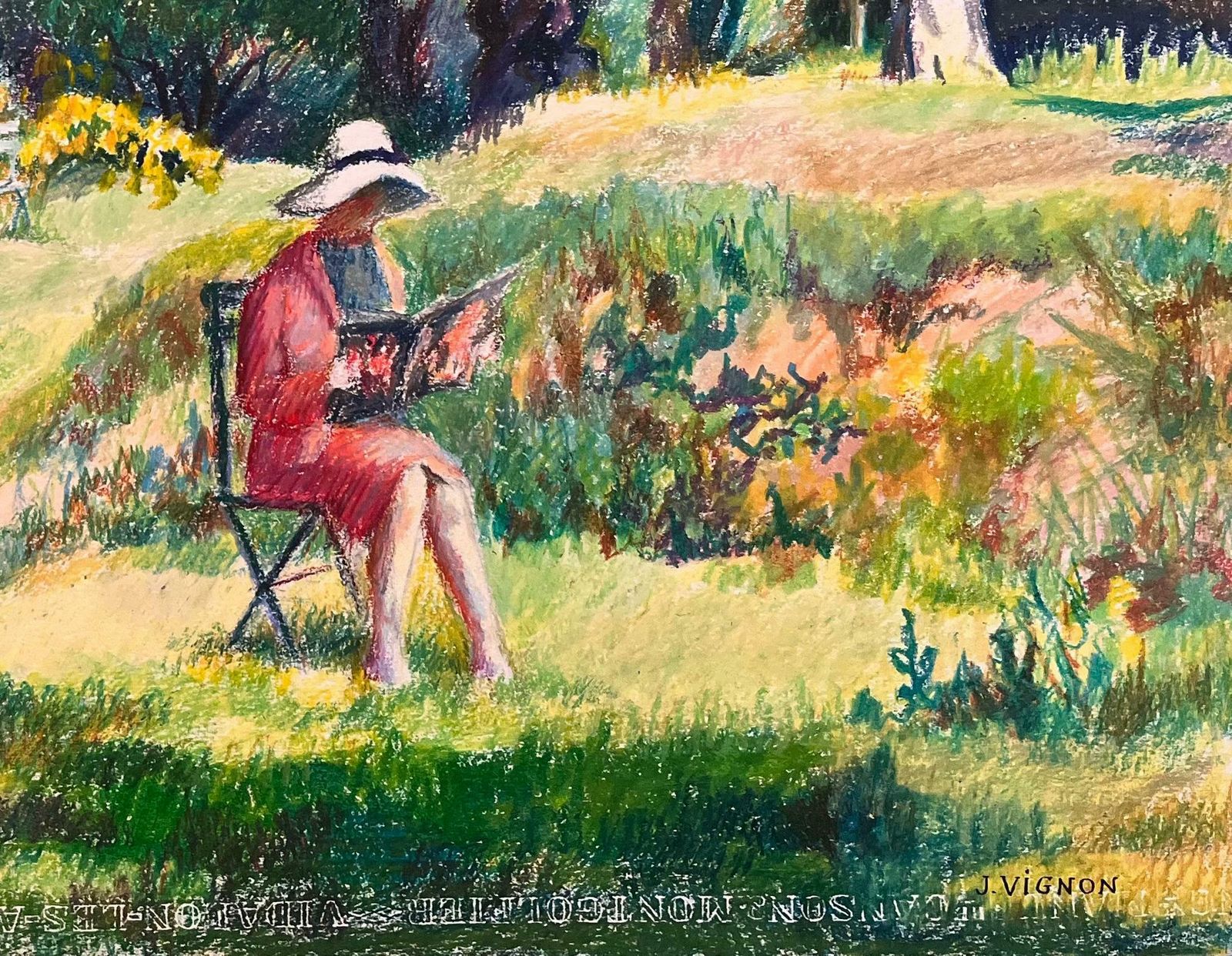 Josine Vignonmid Century French Original Pastel Drawing Of Woman Reading In A Sunlit Garden1950's photo 865.0