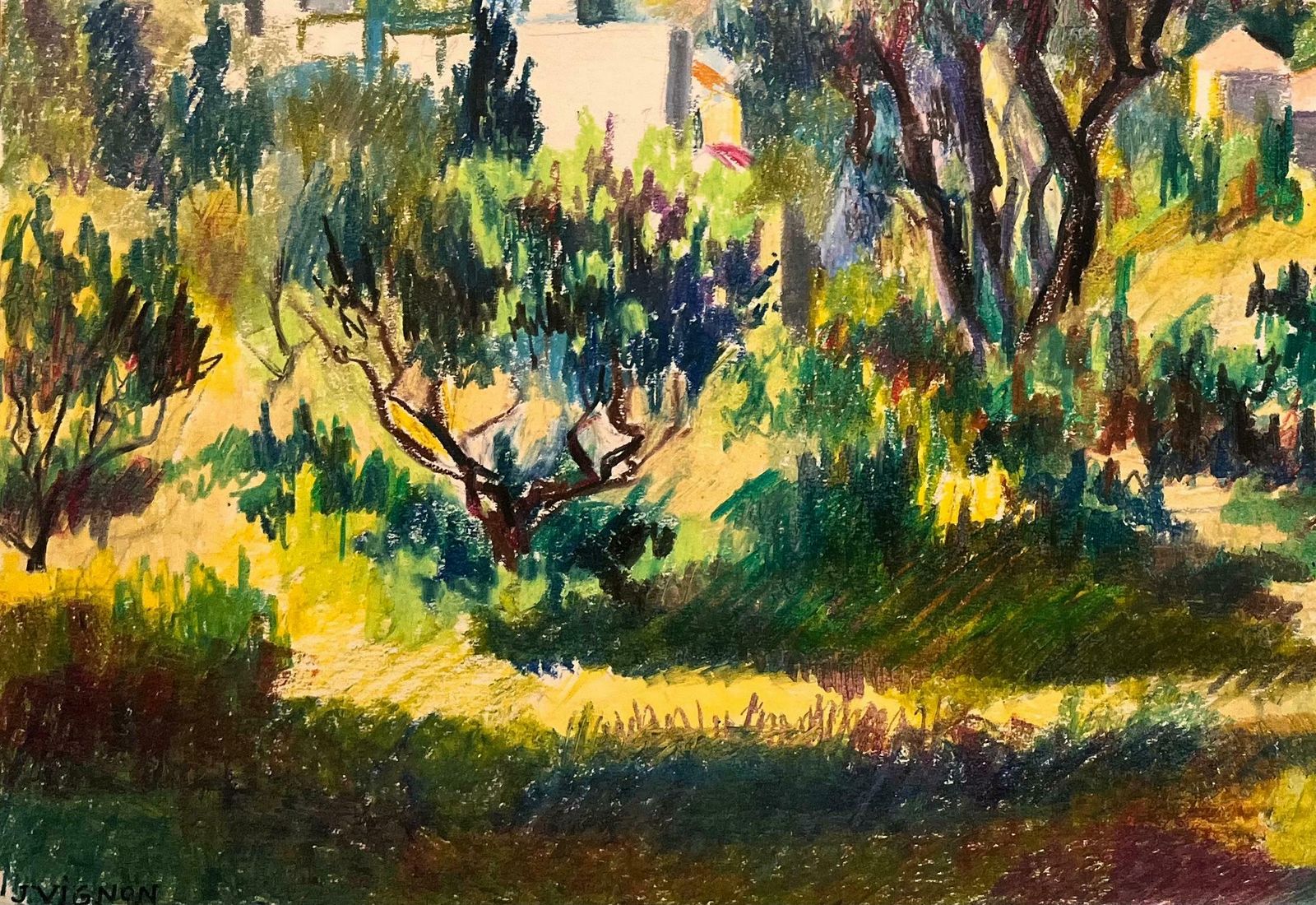 Josine Vignonmid Century French Original Pastel Painting Of Hillside Village With Olive Trees1950's photo vinterior