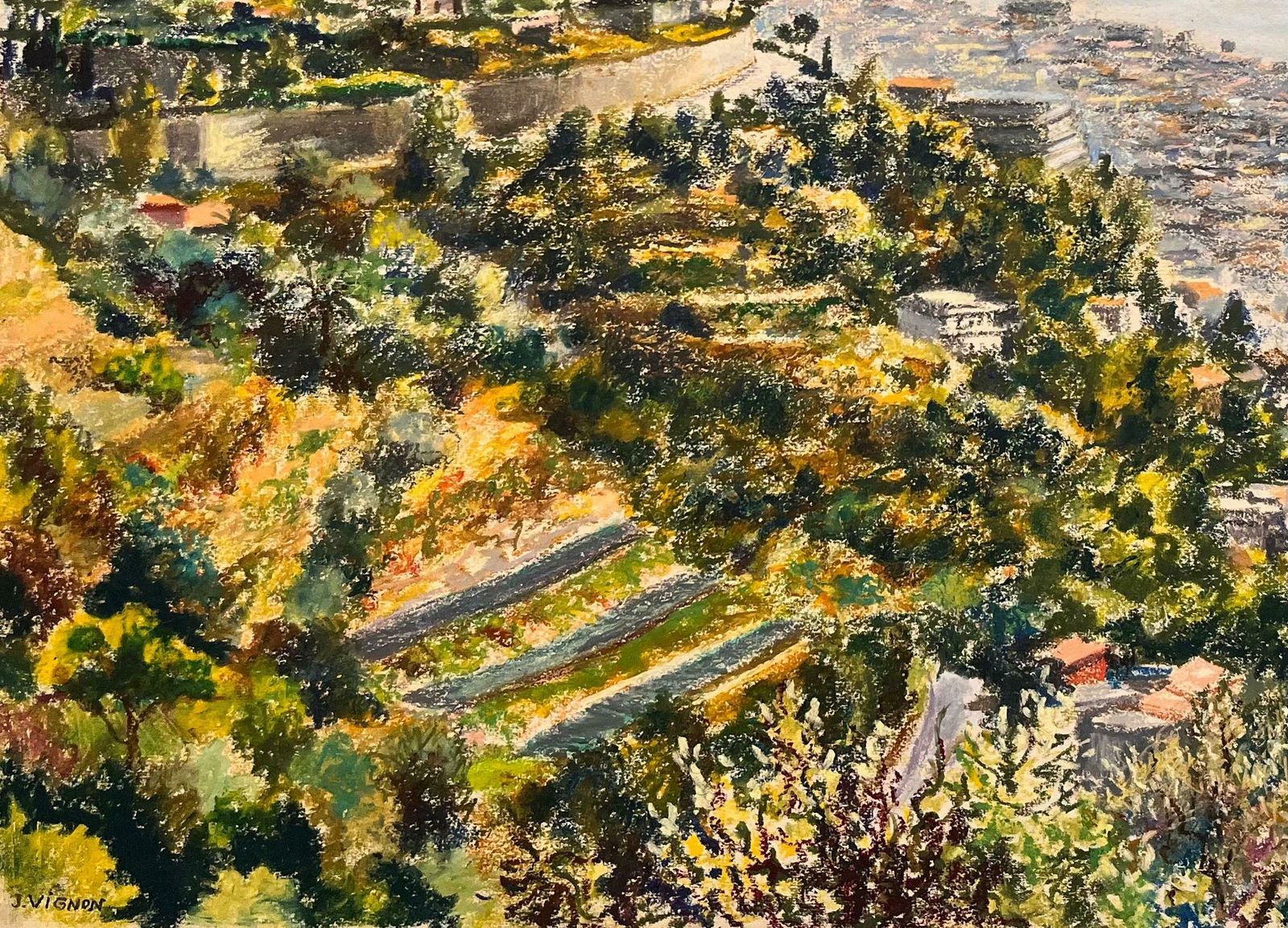 Josine Vignonmid Century French Pastel Drawing Of Coastal Hillside With Sea And Town View1950's photo vinterior
