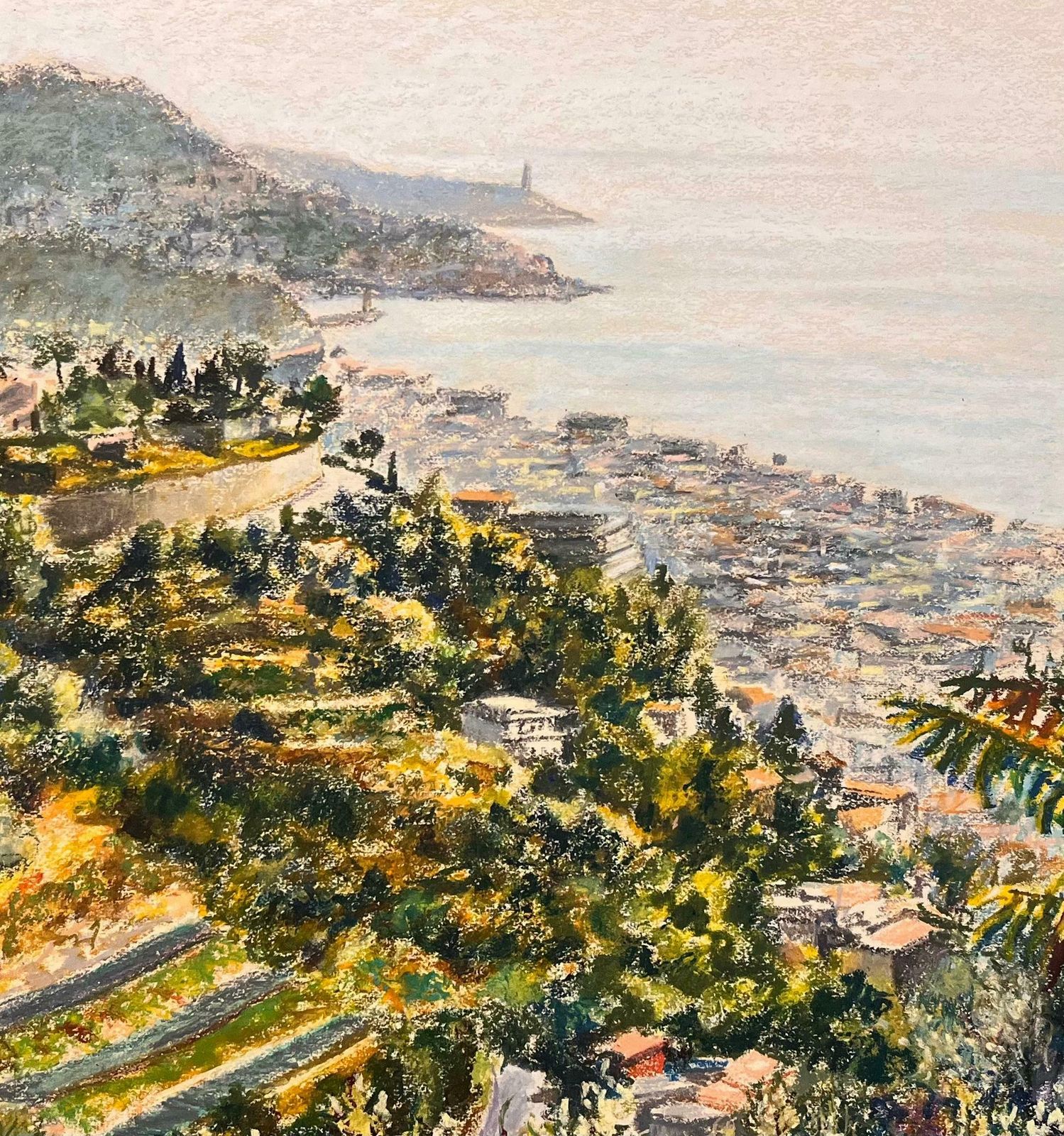 Josine Vignonmid Century French Pastel Drawing Of Coastal Hillside With Sea And Town View1950's photo buy