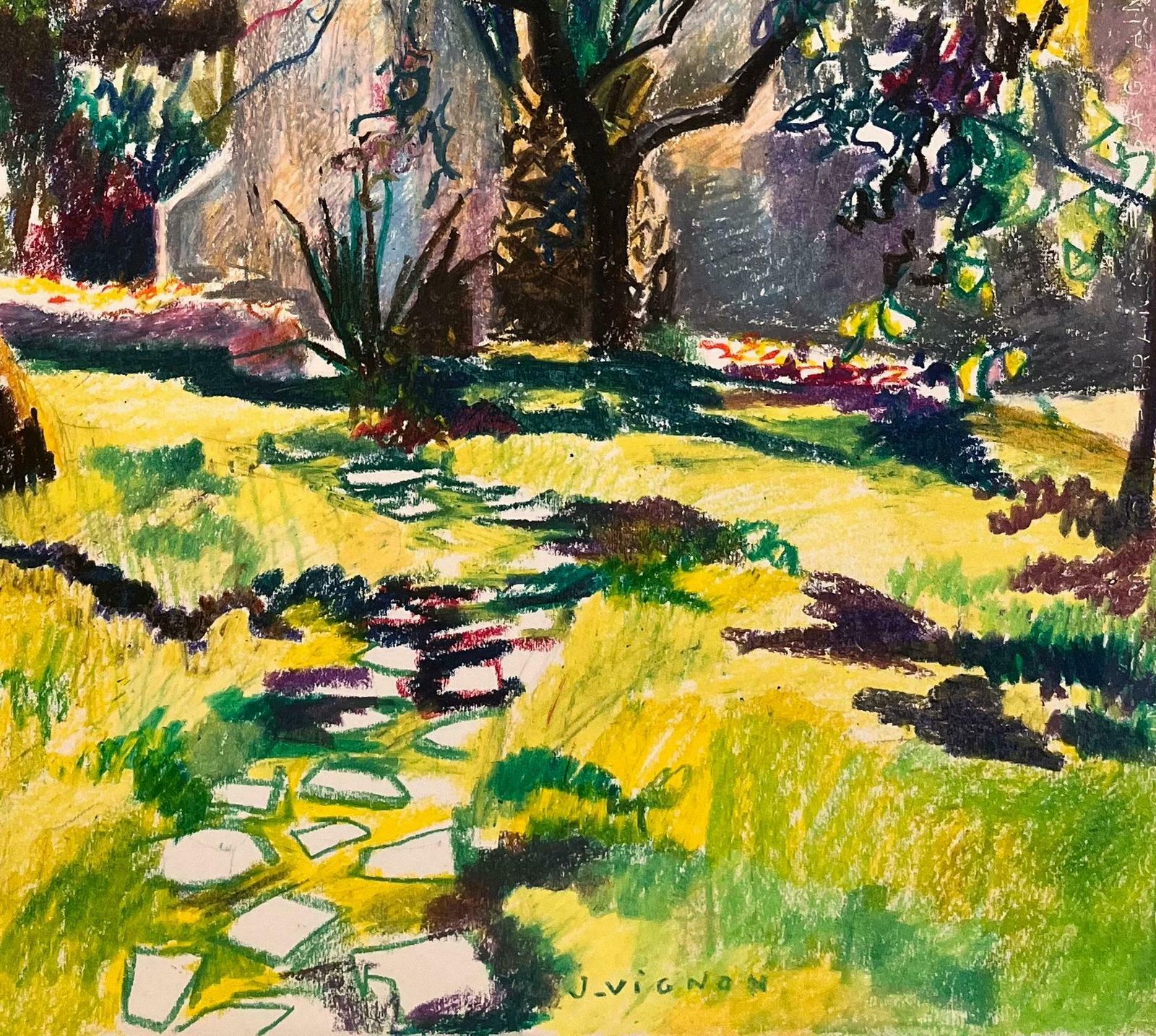 Josine Vignonmid Century French Pastel Drawing Of Sunlit Garden With Blooming Trees1950's photo 662.0