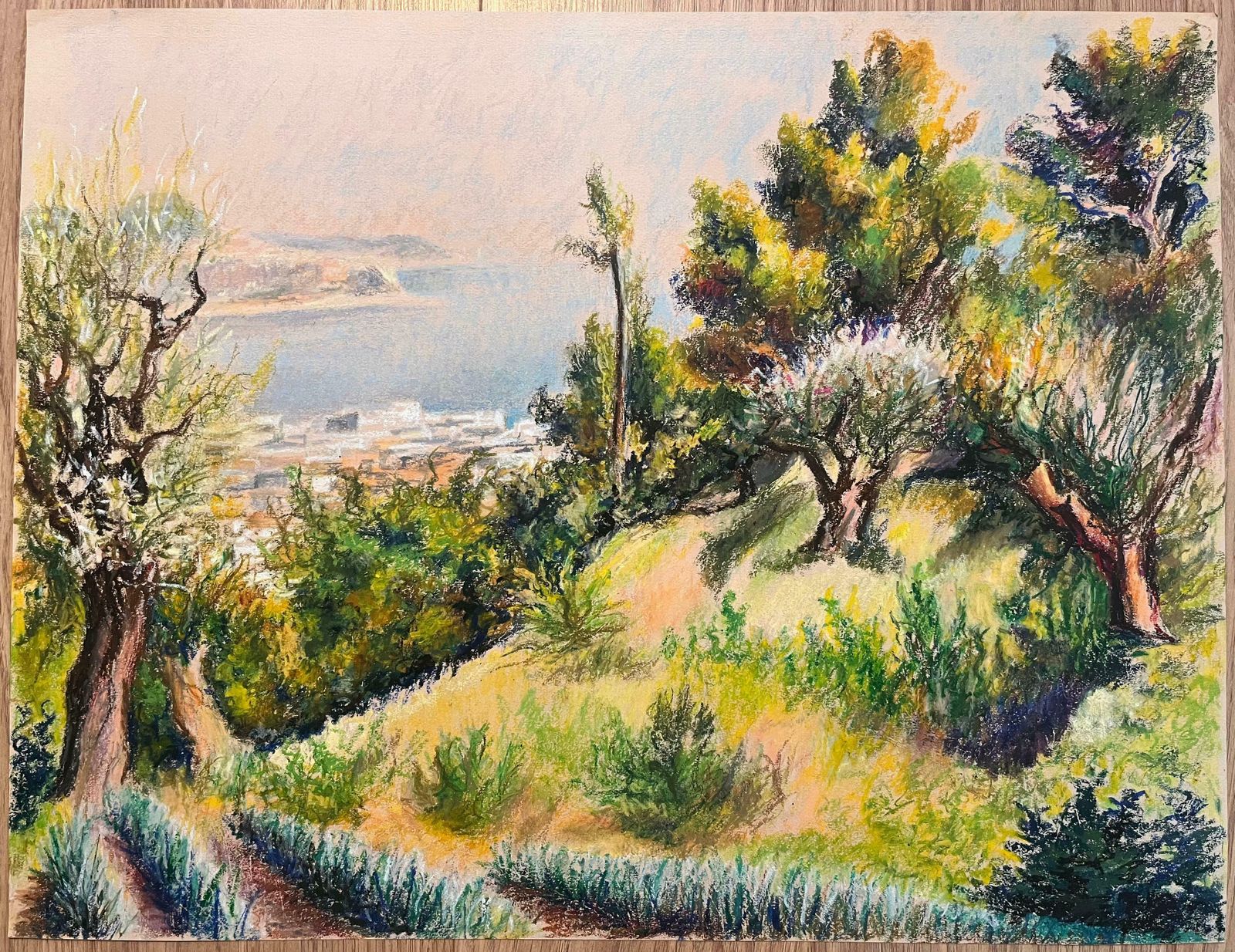 Josine Vignonmid Century French Pastel Drawing Of Hillside View Looking Down To Coastal Town1950's photo furniture