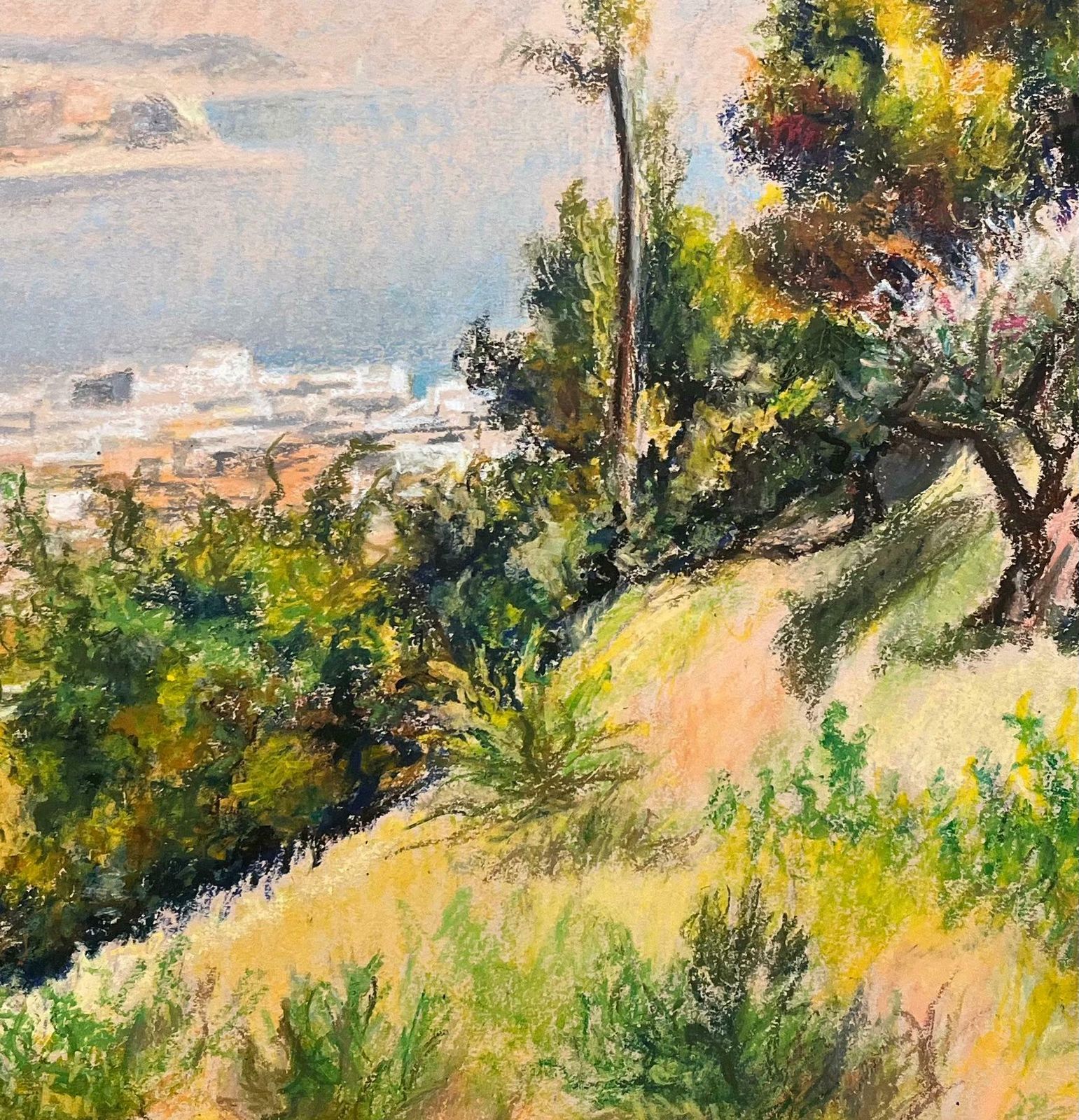 Josine Vignonmid Century French Pastel Drawing Of Hillside View Looking Down To Coastal Town1950's photo buy
