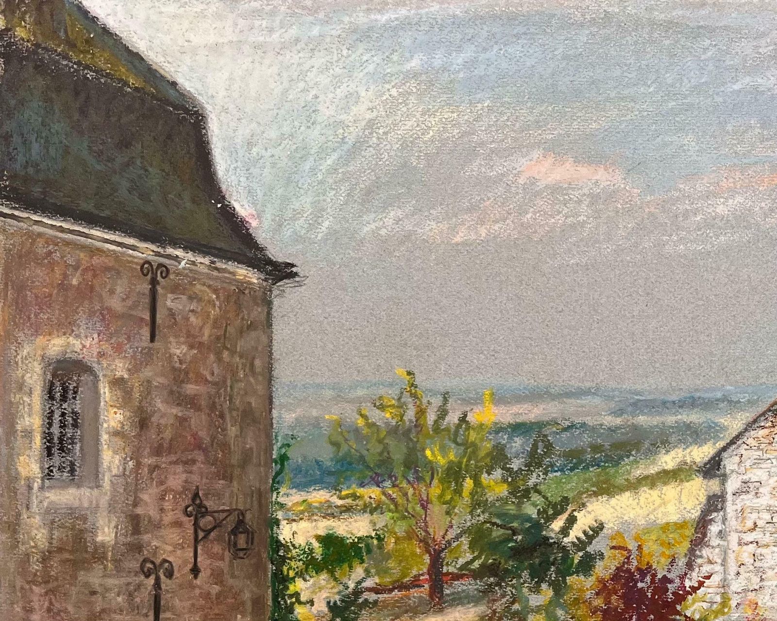 Josine Vignonmid Century French Pastel Drawing Of Courtyard With Stone Buildings And Garden1950's photo furniture