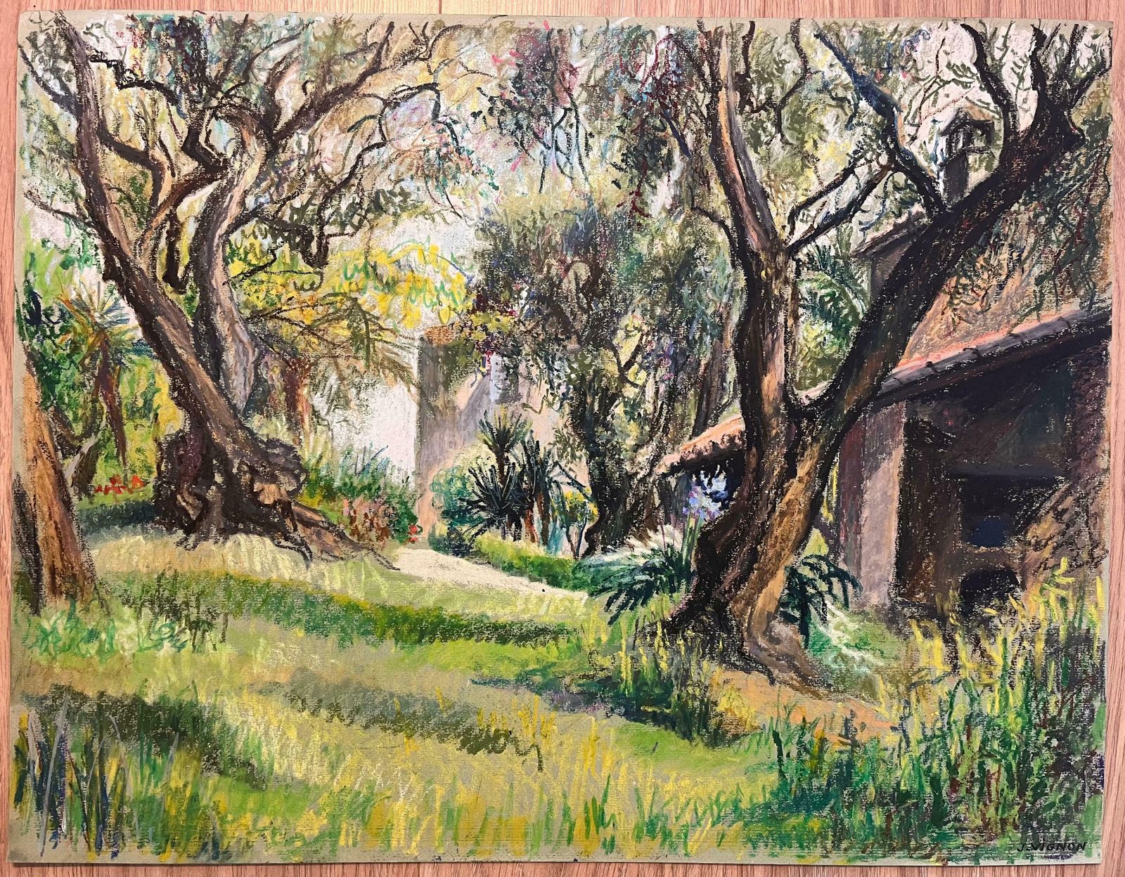 Josine Vignonmid Century French Pastel Drawing Of Garden With Olive Trees And Cottage1950's photo furniture
