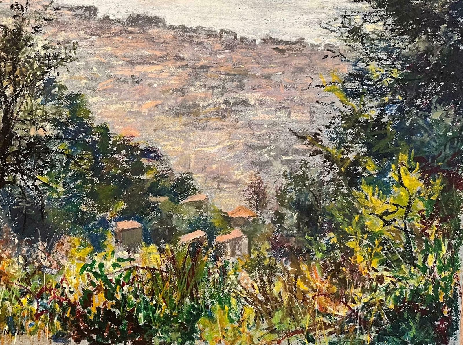 Josine Vignonmid Century French Pastel Drawing Of Coastal Town With Hills Overlooking The Sea1950's photo 850.0