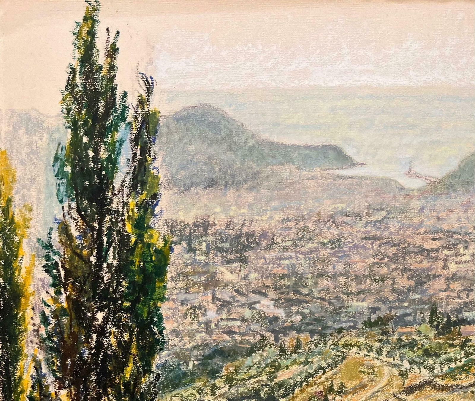 Josine Vignonmid Century French Pastel Drawing Of Distant Hillside View With Cypress Trees1950's photo for sale