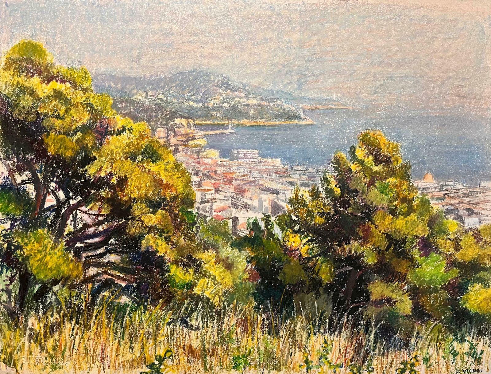 Josine Vignonmid Century French Pastel Drawing Of Town And Sea View With Sunlit Trees1950's