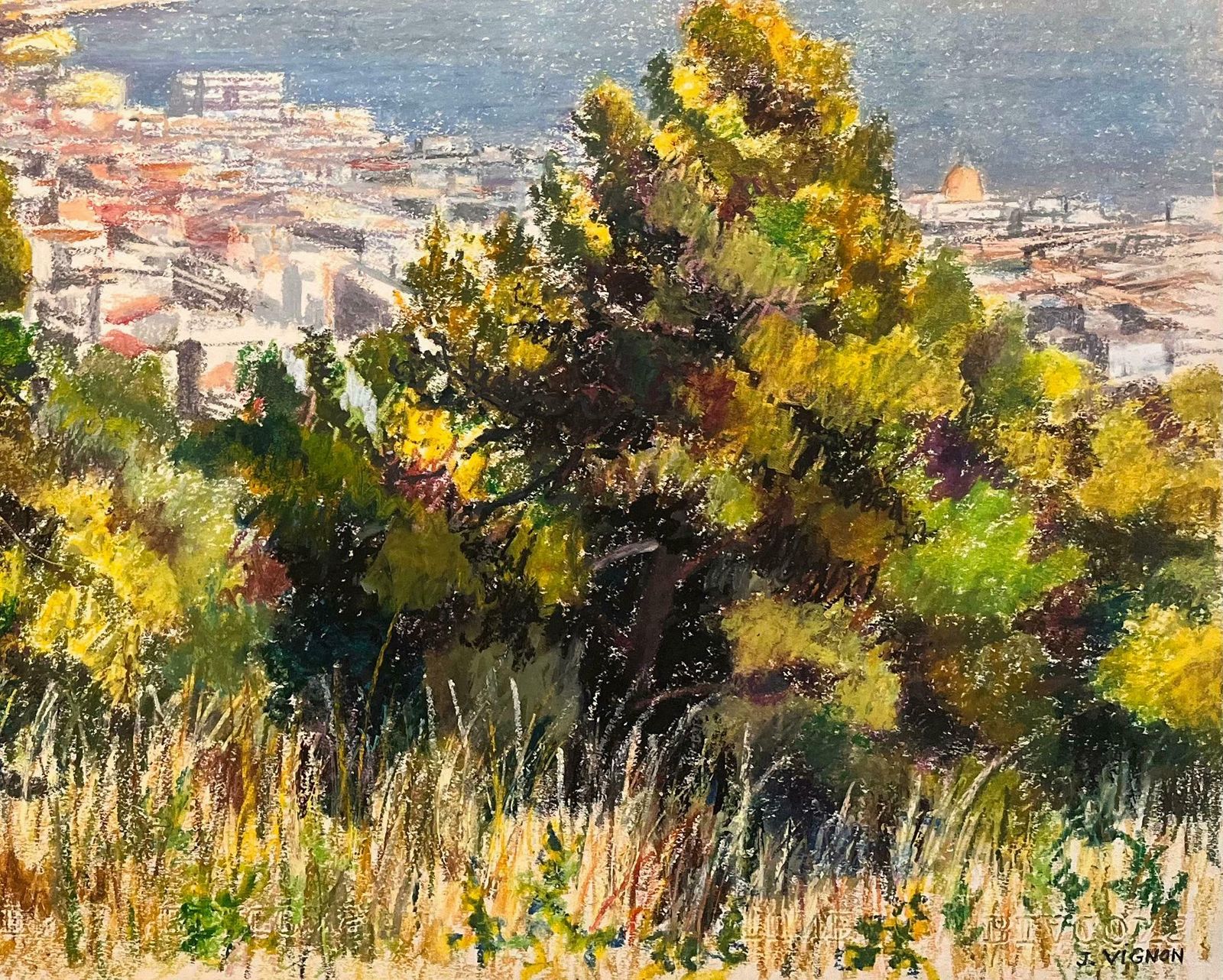 Josine Vignonmid Century French Pastel Drawing Of Town And Sea View With Sunlit Trees1950's photo 740.0