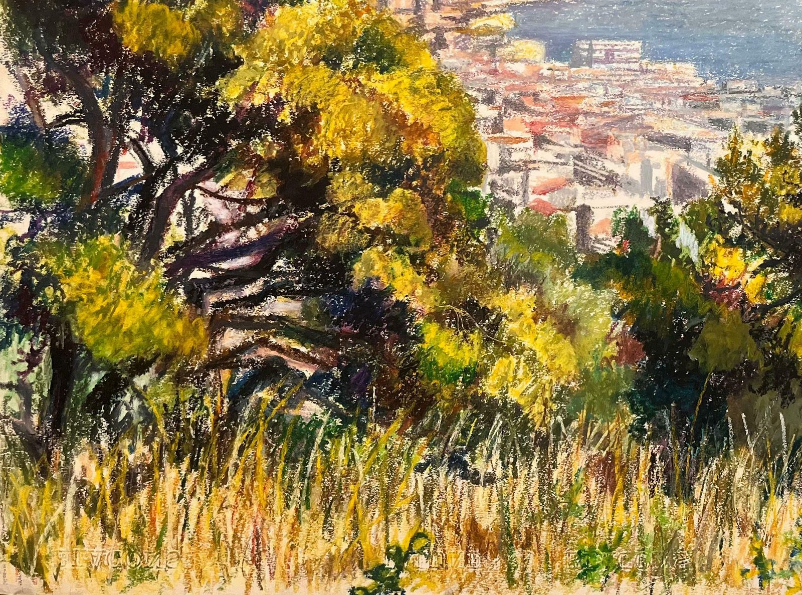 Josine Vignonmid Century French Pastel Drawing Of Town And Sea View With Sunlit Trees1950's photo vinterior