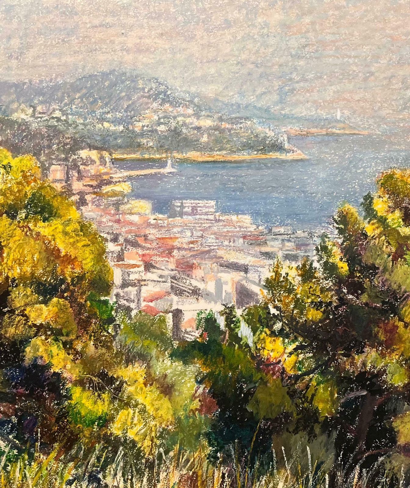 Josine Vignonmid Century French Pastel Drawing Of Town And Sea View With Sunlit Trees1950's photo buy
