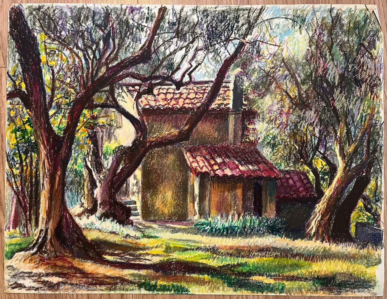 Josine Vignonmid Century French Pastel Drawing Of Cottage Surrounded By Trees1950's photo furniture