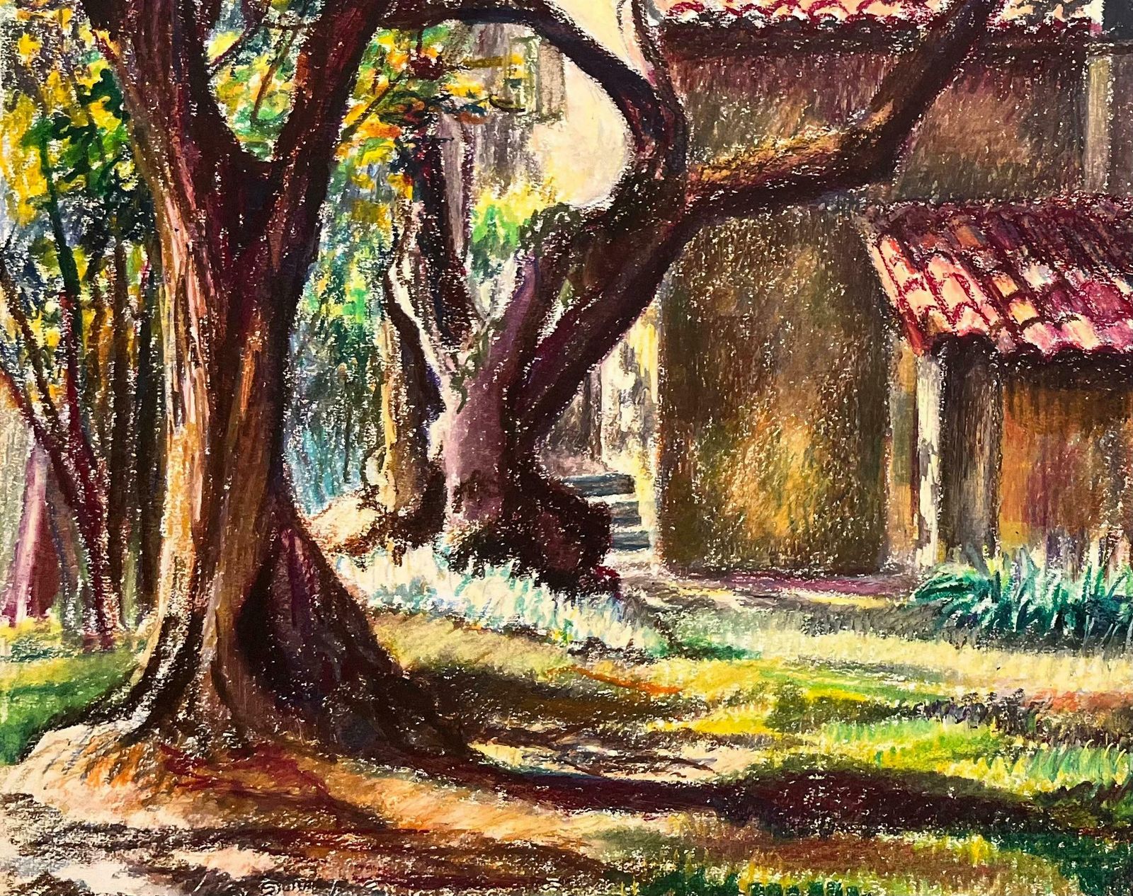 Josine Vignonmid Century French Pastel Drawing Of Cottage Surrounded By Trees1950's photo vinterior