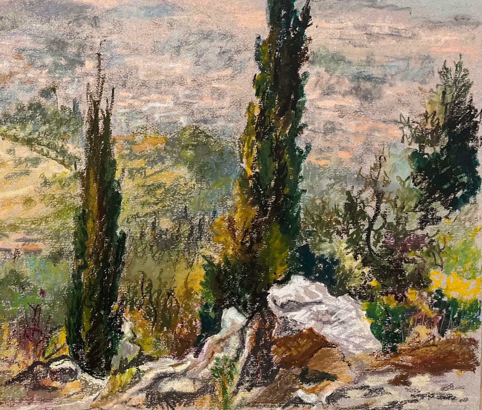 Josine Vignonmid Century French Original Pastel Drawing Of Hillside View With Cypress Trees1950's photo 850.0