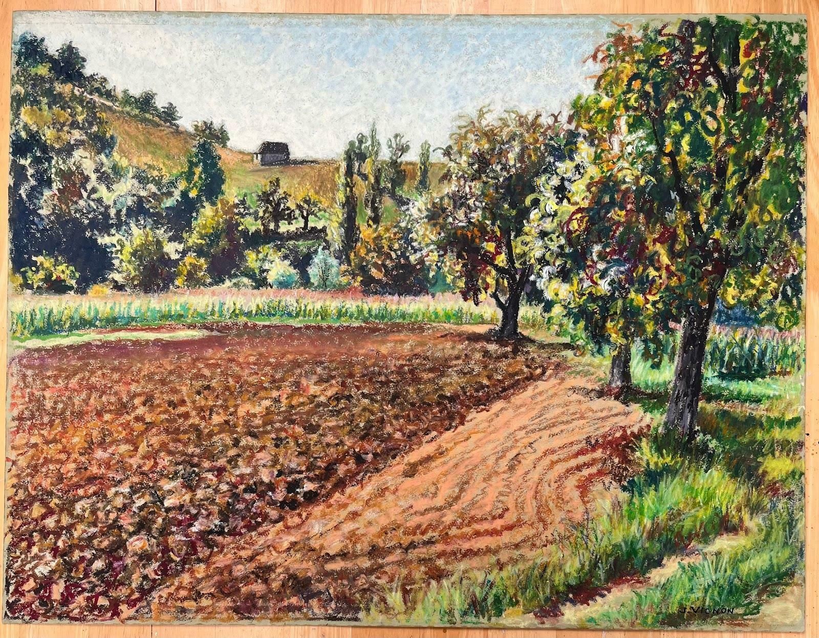 Josine Vignonmid Century French Original Pastel Painting Of A Plowed Field And Orchard1950's