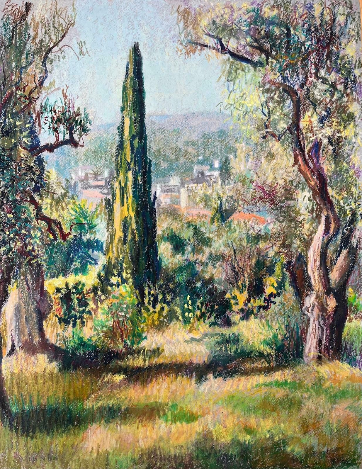 Josine Vignonsunny Provence Landscape With Cypress And Olive Trees Vibrant Pastel Drawing1950's photo furniture