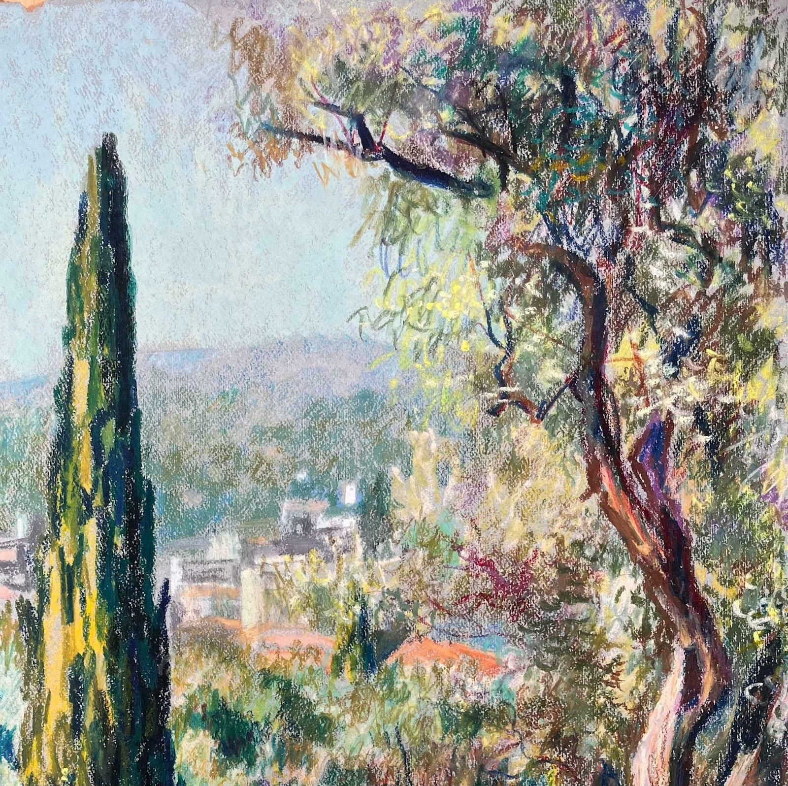 Josine Vignonsunny Provence Landscape With Cypress And Olive Trees Vibrant Pastel Drawing1950's photo for sale