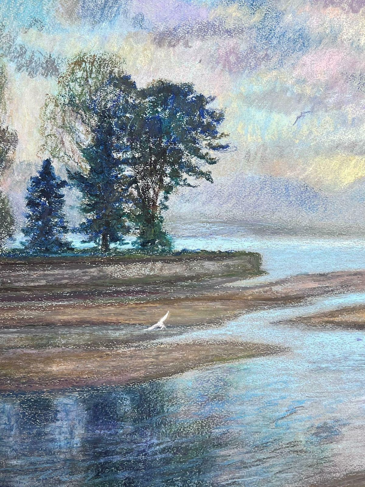 Josine Vignonwhite Birds Flying Over Dappled Light Lakes 1970's French Impressionist Pastel1977 photo buy