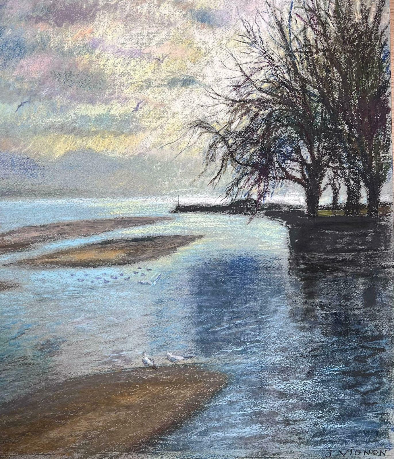Josine Vignonwhite Birds Flying Over Dappled Light Lakes 1970's French Impressionist Pastel1977 photo vintage