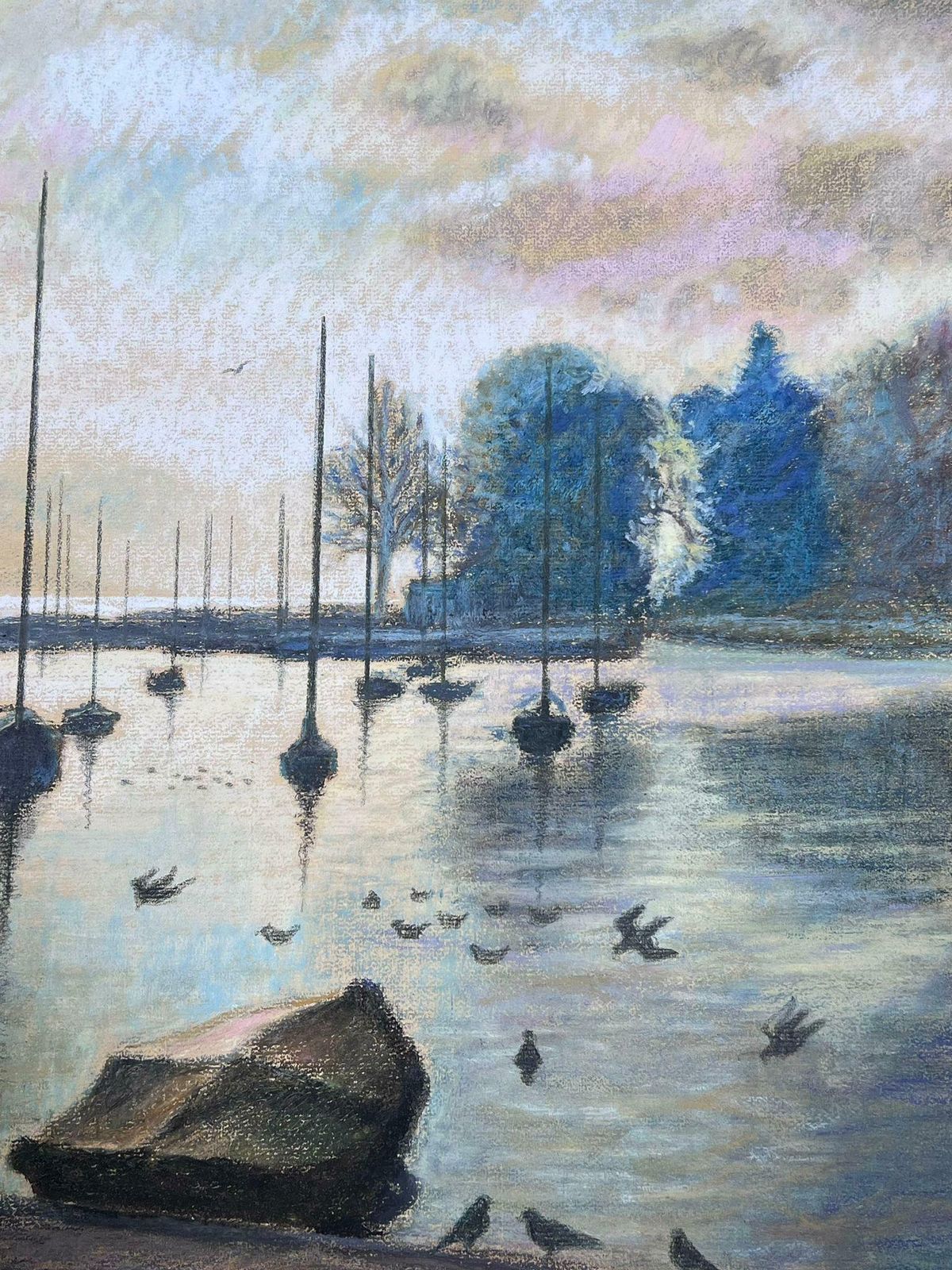 Josine Vignonbirds Flying Over Dappled Light Over Still Harbour 1970s French Pastel Landscape1977 photo 875.0
