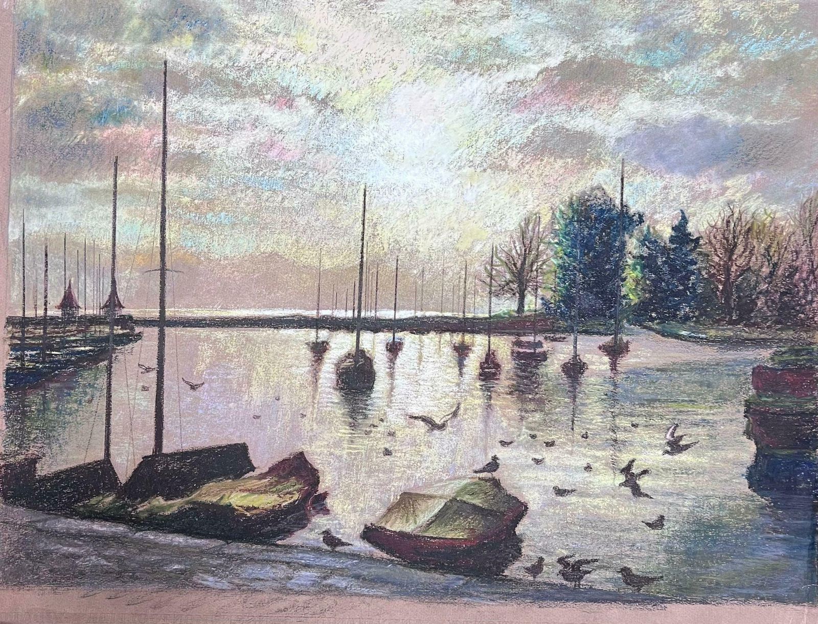 Josine Vignondappled Light Over Still Harbour Large 1970's French Impressionist Pastel 1977