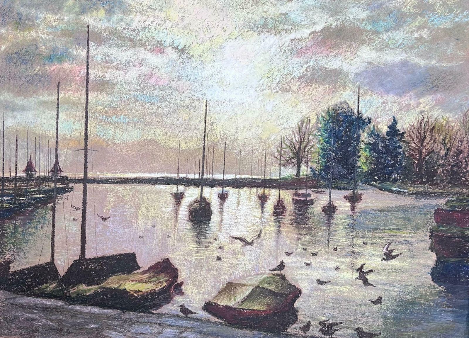 Josine Vignondappled Light Over Still Harbour Large 1970's French Impressionist Pastel 1977 photo vinterior