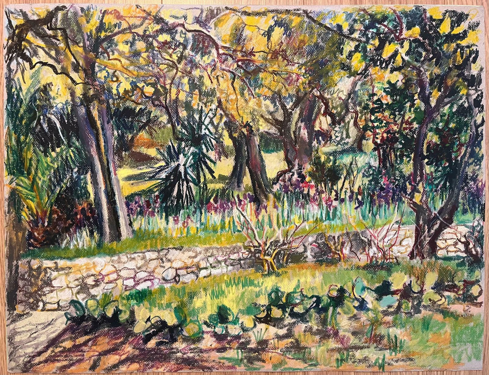 Josine Vignonmid Century French Original Pastel Drawing Of Sunlit Garden With Stone Wall1950's photo furniture