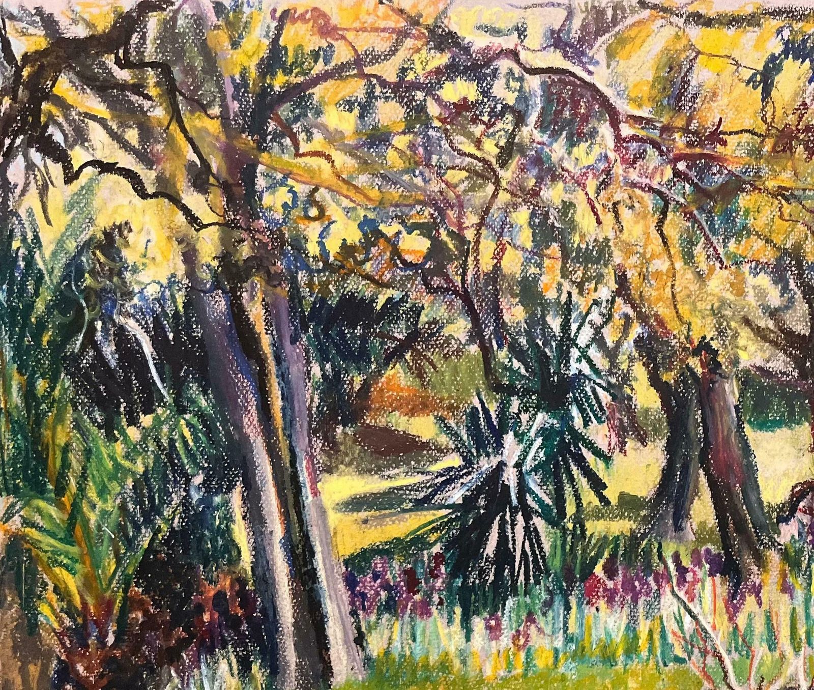 Josine Vignonmid Century French Original Pastel Drawing Of Sunlit Garden With Stone Wall1950's photo for sale