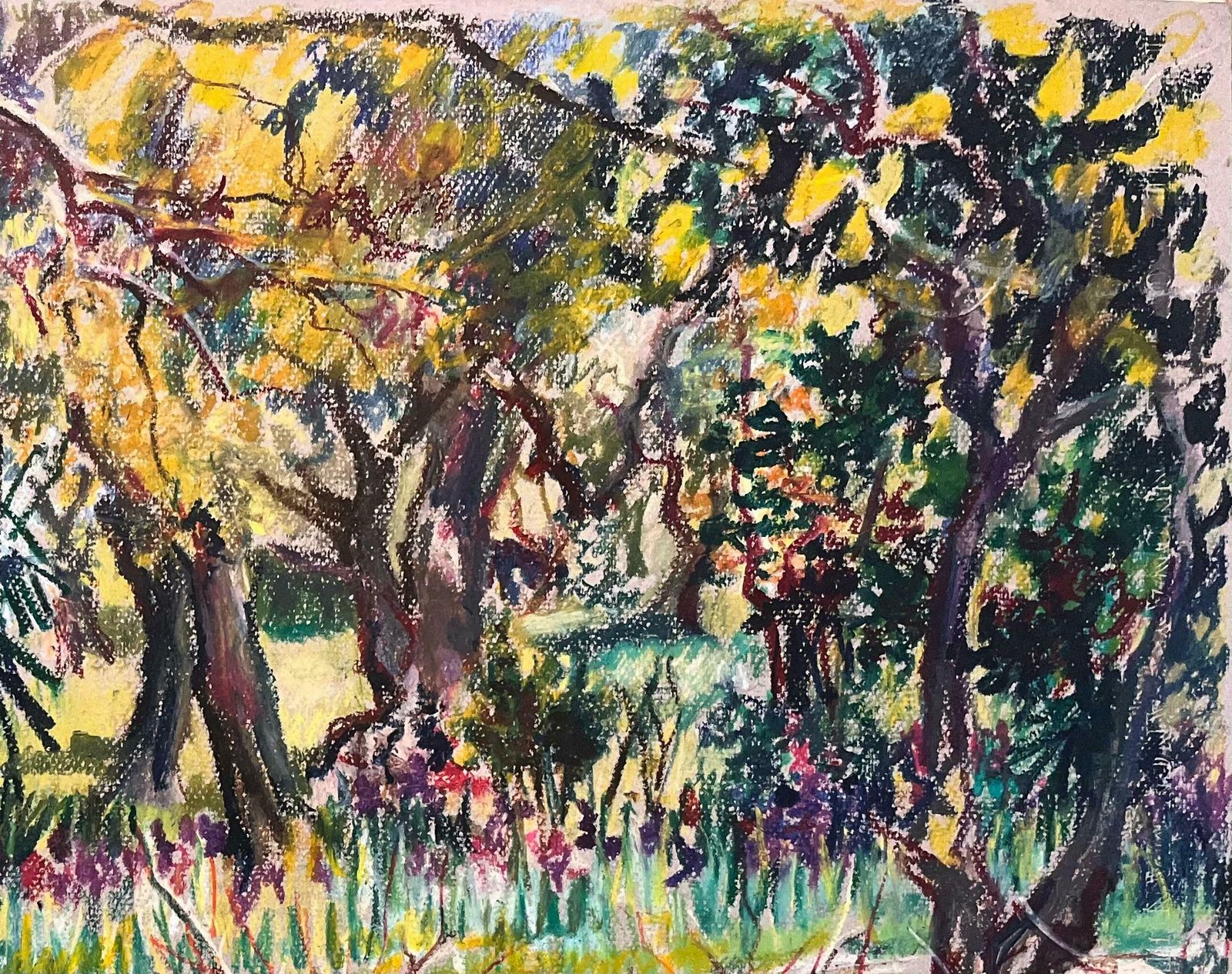 Josine Vignonmid Century French Original Pastel Drawing Of Sunlit Garden With Stone Wall1950's photo Art