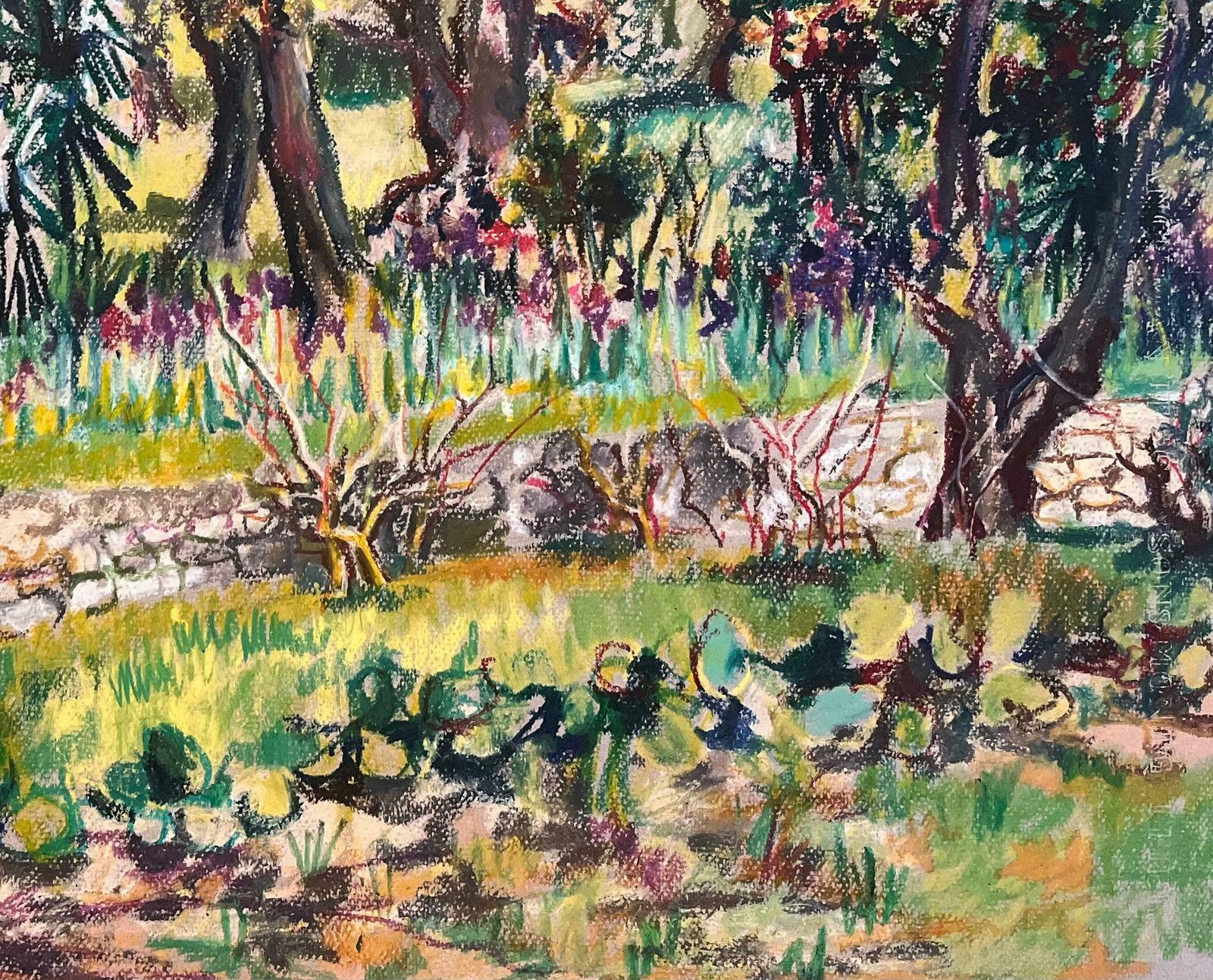 Josine Vignonmid Century French Original Pastel Drawing Of Sunlit Garden With Stone Wall1950's photo 891.0