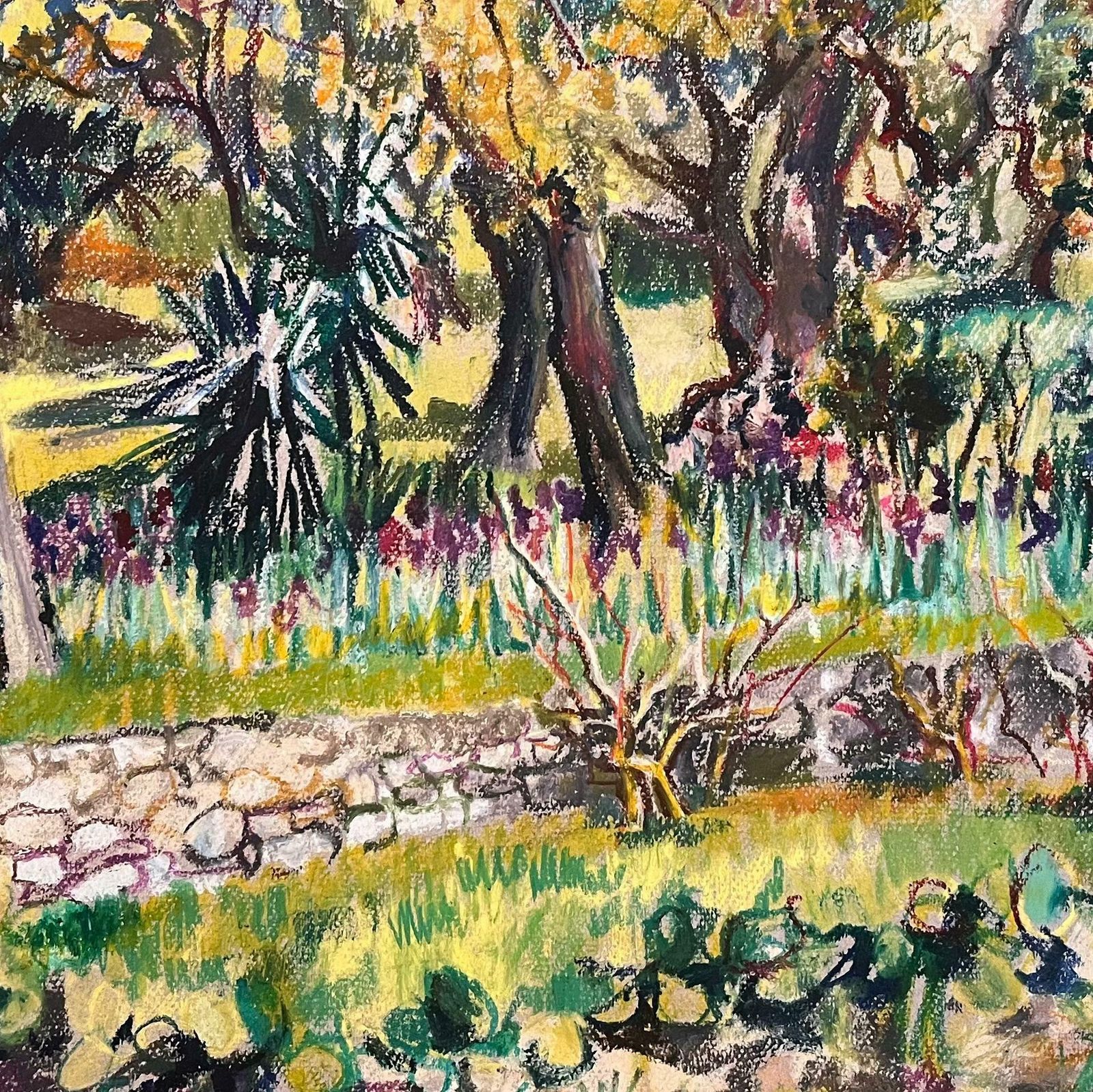 Josine Vignonmid Century French Original Pastel Drawing Of Sunlit Garden With Stone Wall1950's photo buy