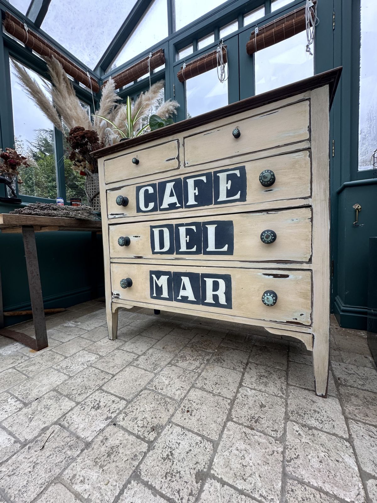 photo furniture Mid Century Chest Of Drawers, Hand Painted Sideboard. Café Del Mar!