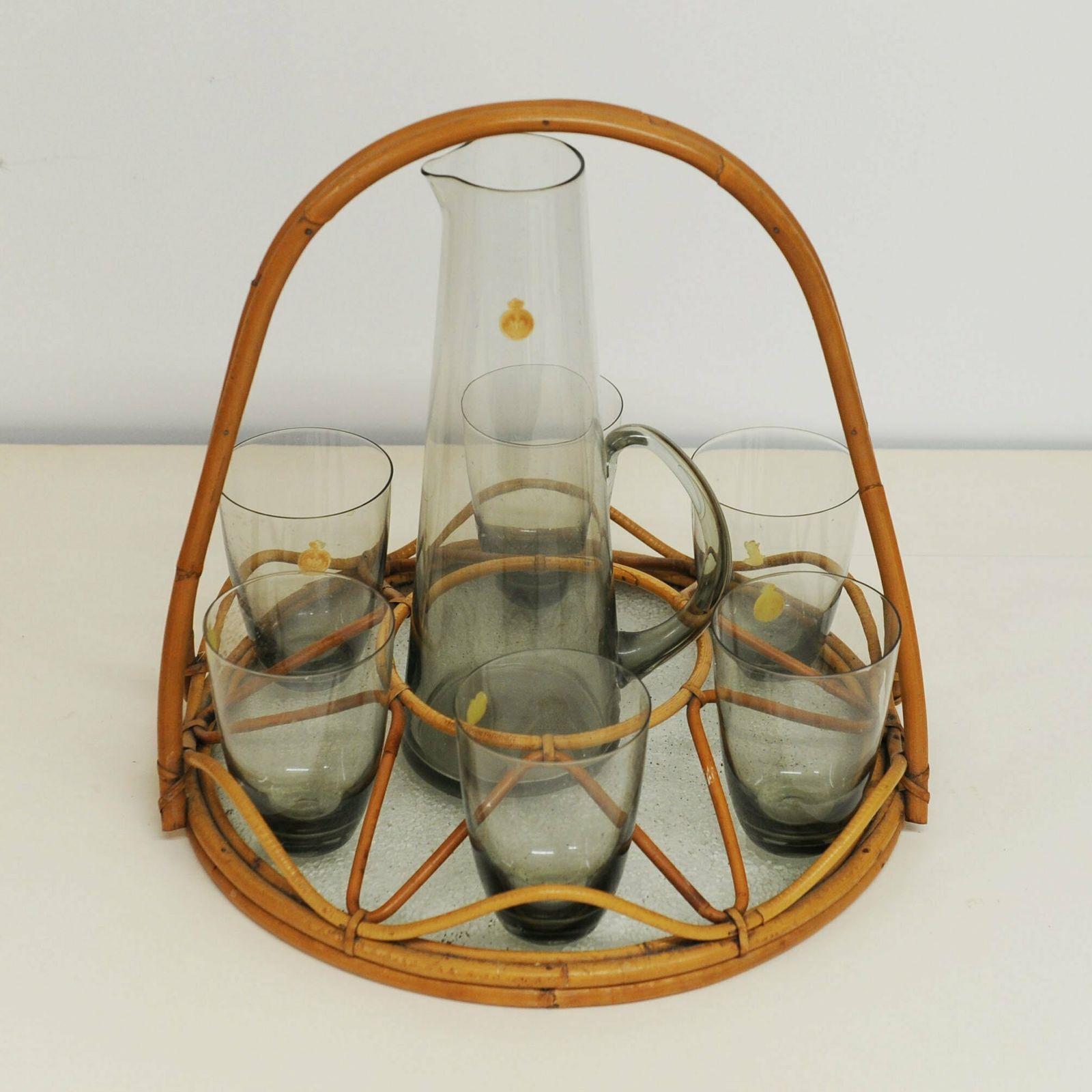 Smoke Grey Martini Glass Pitcher And Six Glass Cups By Per Lütken For Holmegaard, 1960s photo buy