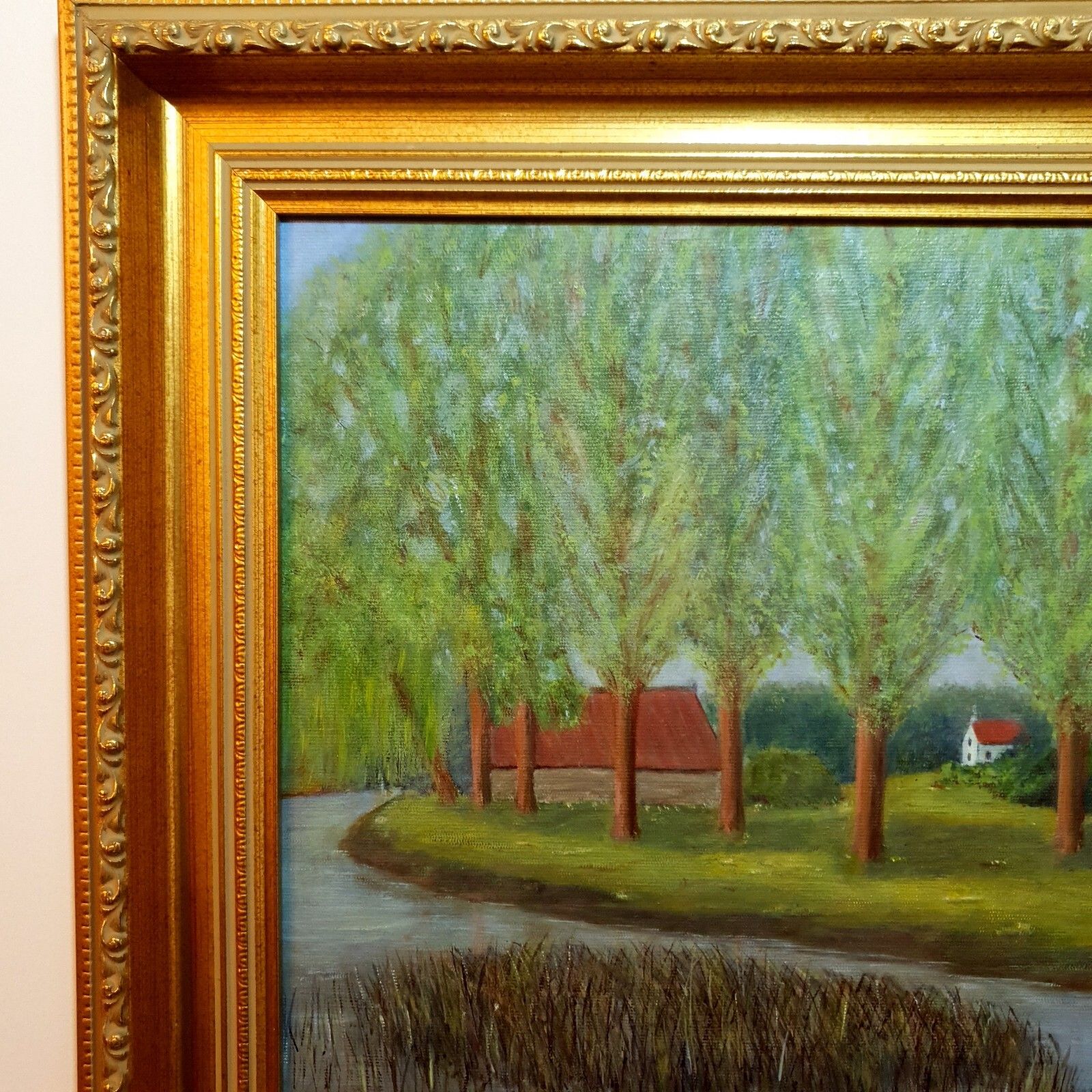 Original Oil Painting By Alan Sale By The River At Newton Blossomville, Framed photo 70.0