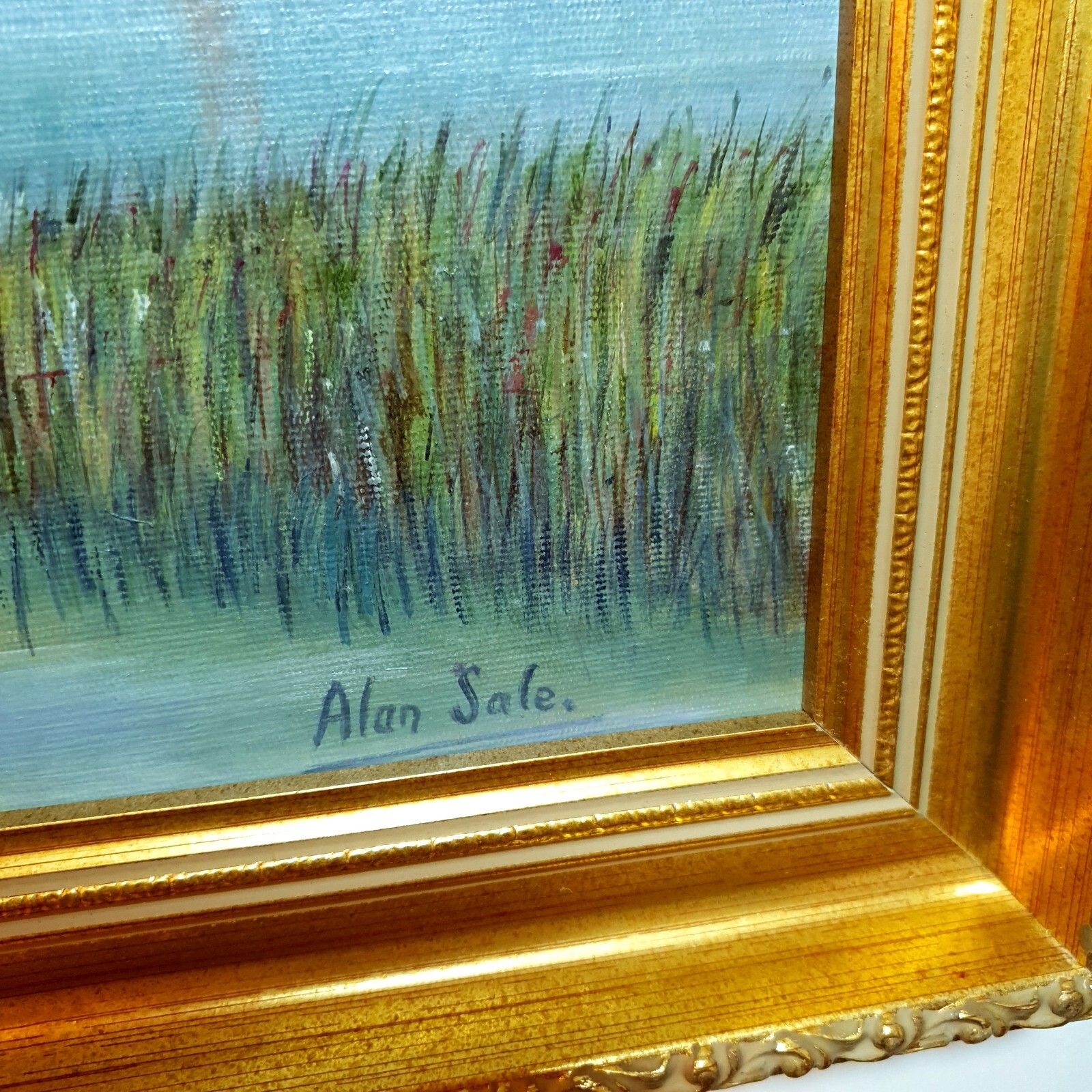 Art Original Oil Painting By Alan Sale By The River At Newton Blossomville, Framed photo