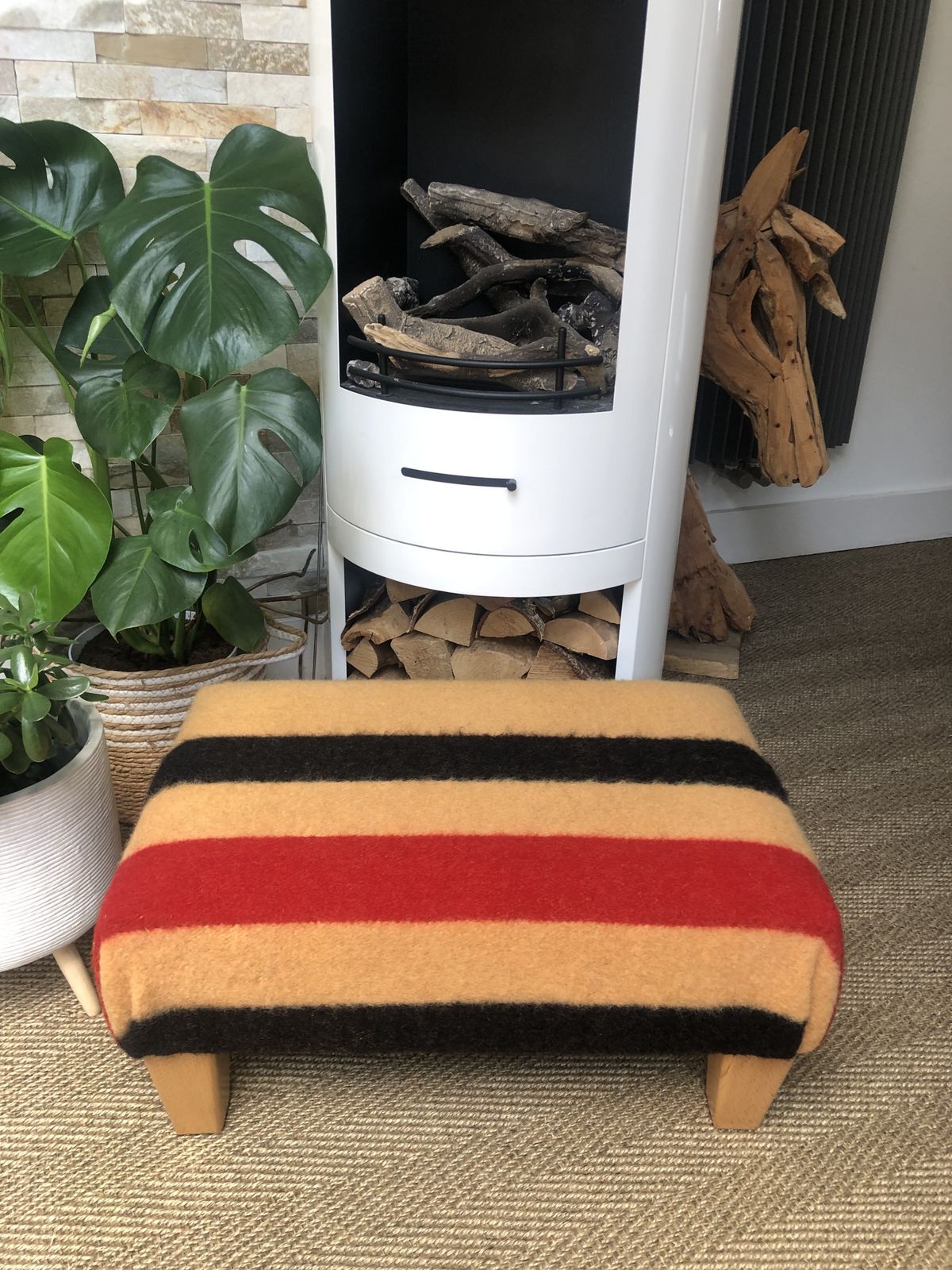 Beautifully Renovated Newmarket Wool Cheltenham Gold Stripe Footstool photo vintage