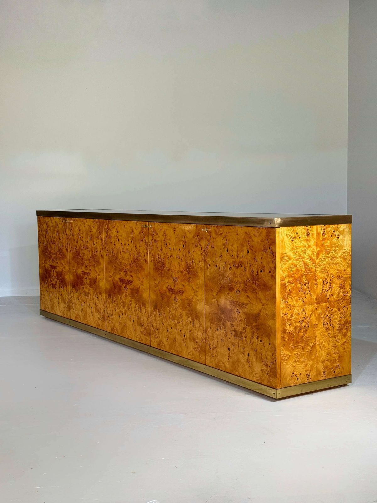 Lacquered Burlwood And Brass Credenza, 1970s photo for sale
