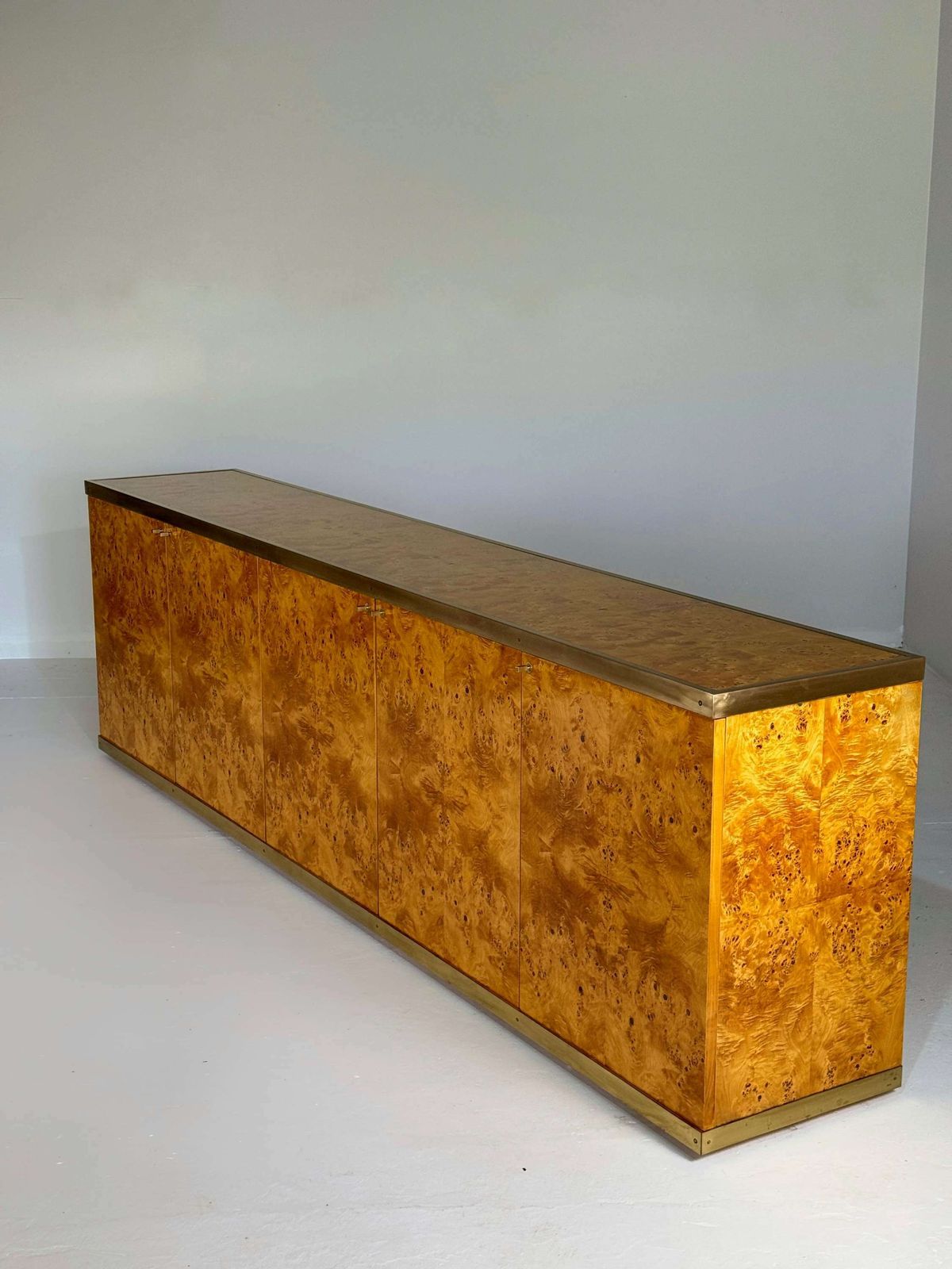 Lacquered Burlwood And Brass Credenza, 1970s photo 7000.0