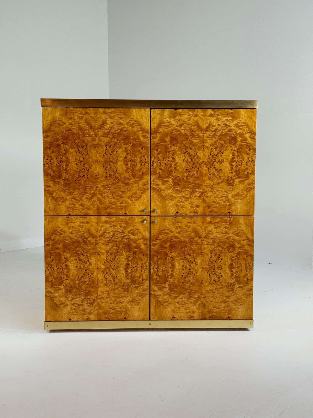 Exclusive Lacquered Burlwood And Brass Bar Cabinet, 1970s photo for sale