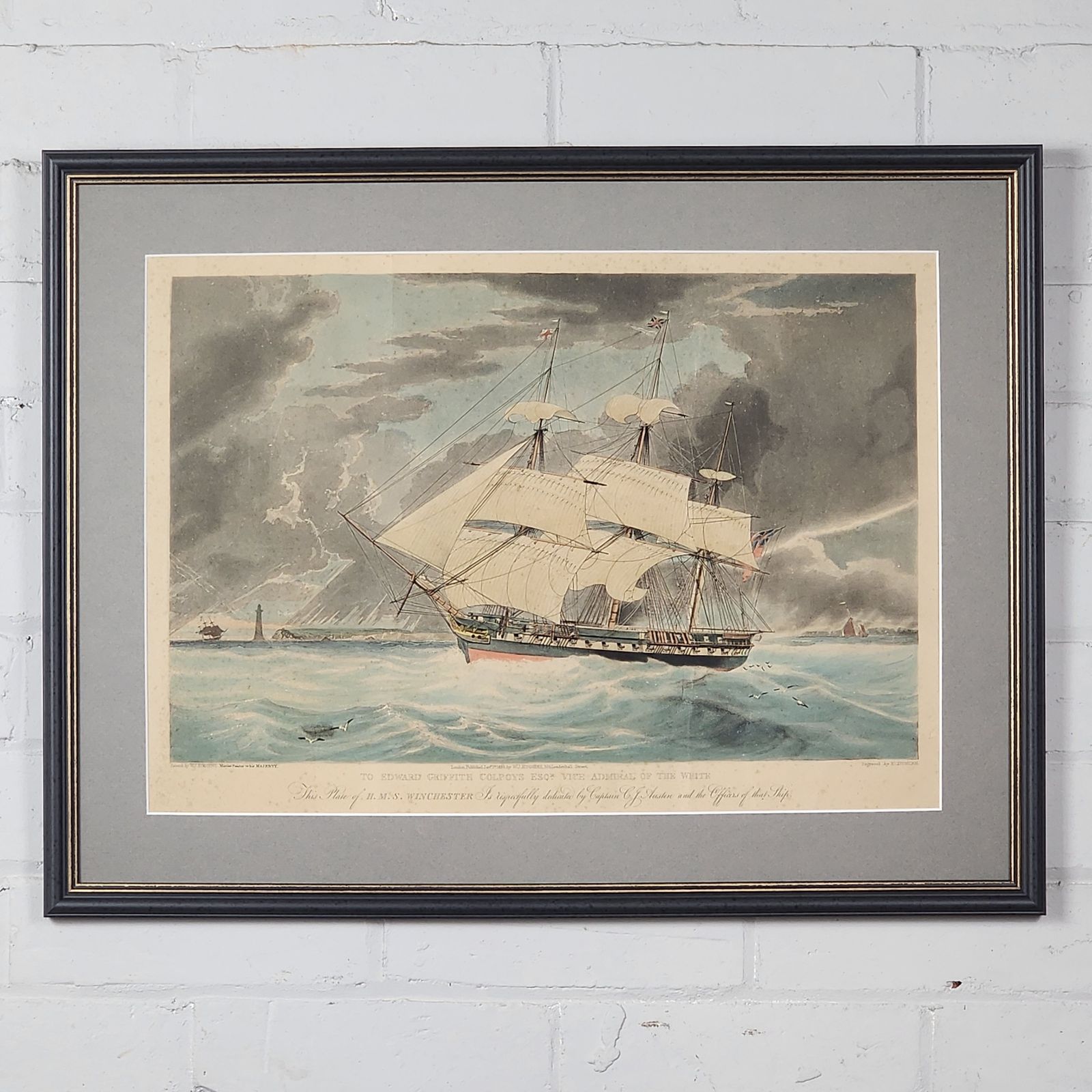 Framed Antique Aquatint Hms Winchester 19th Century After William Huggins