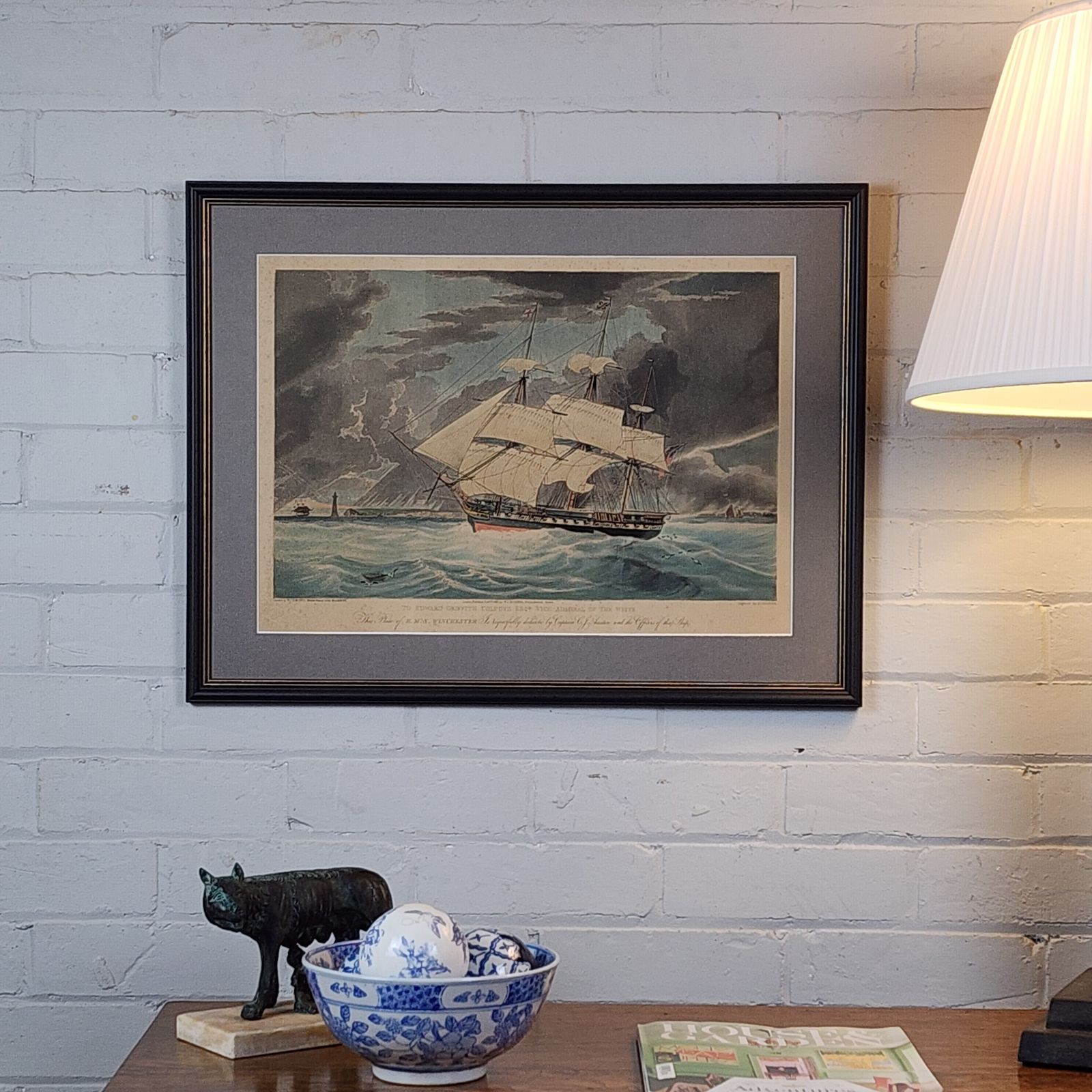 Framed Antique Aquatint Hms Winchester 19th Century After William Huggins photo furniture