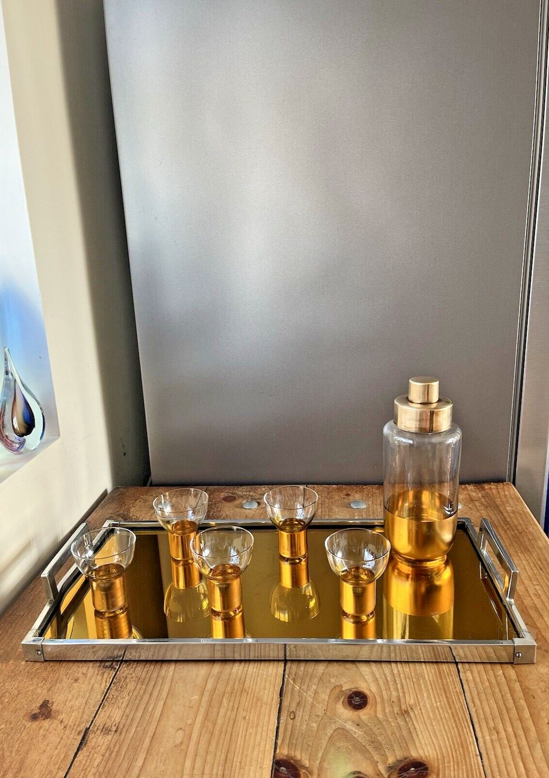 Antique Art Deco Gold Gilt Brass Cocktail Shaker Glasses & Servex Mirrored Tray photo Home Decor