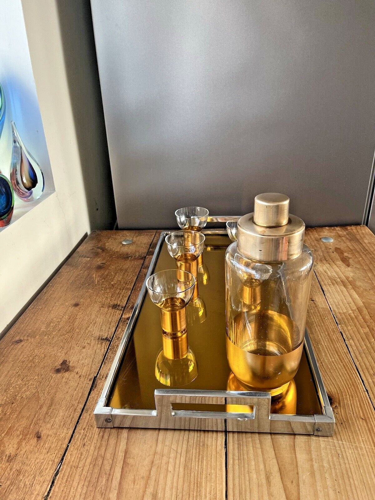 Antique Art Deco Gold Gilt Brass Cocktail Shaker Glasses & Servex Mirrored Tray photo 495.0