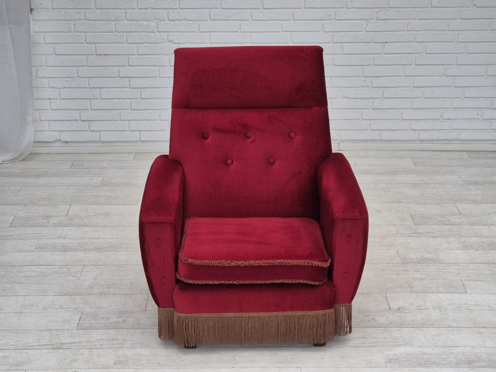 1970s, Danish Highback Armchair, Original Condition, Red Furniture Velour. photo for sale