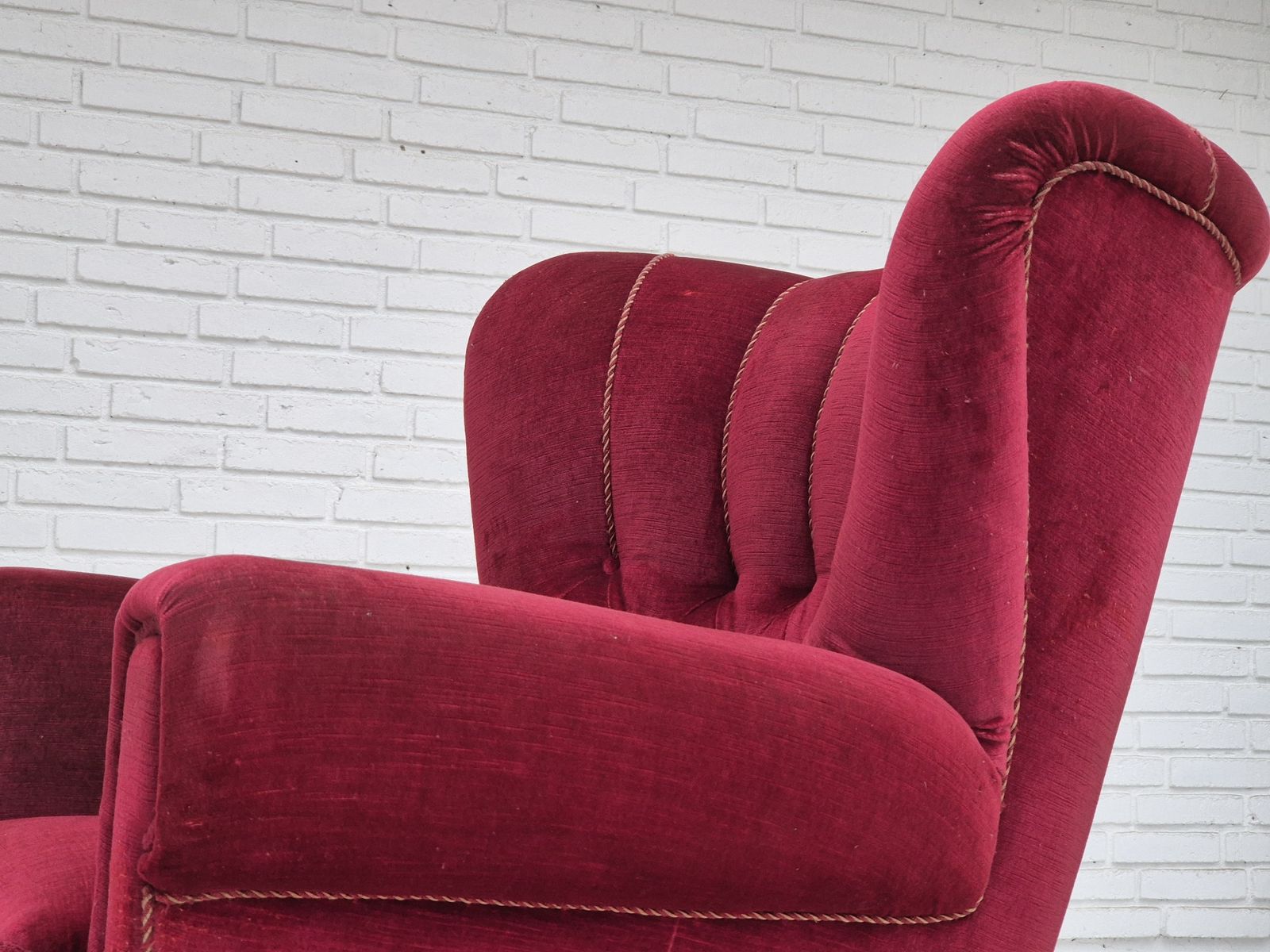 photo buy 1960s, Danish Relax Armchair, Original Condition, Red Furniture Velour.