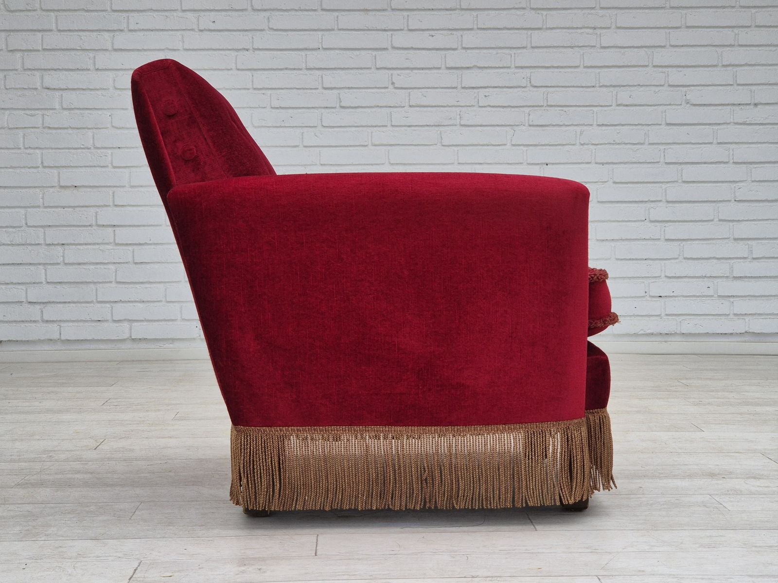 photo vinterior 1970s, Danish Lounge Chair, Original Condition, Cherry Red Velour Fabric.