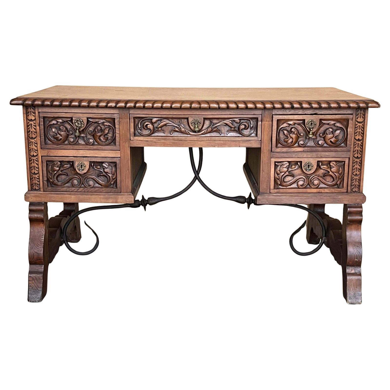 19th Century Spanish Two Faces Baroque Style Oak Library Table Or Desk